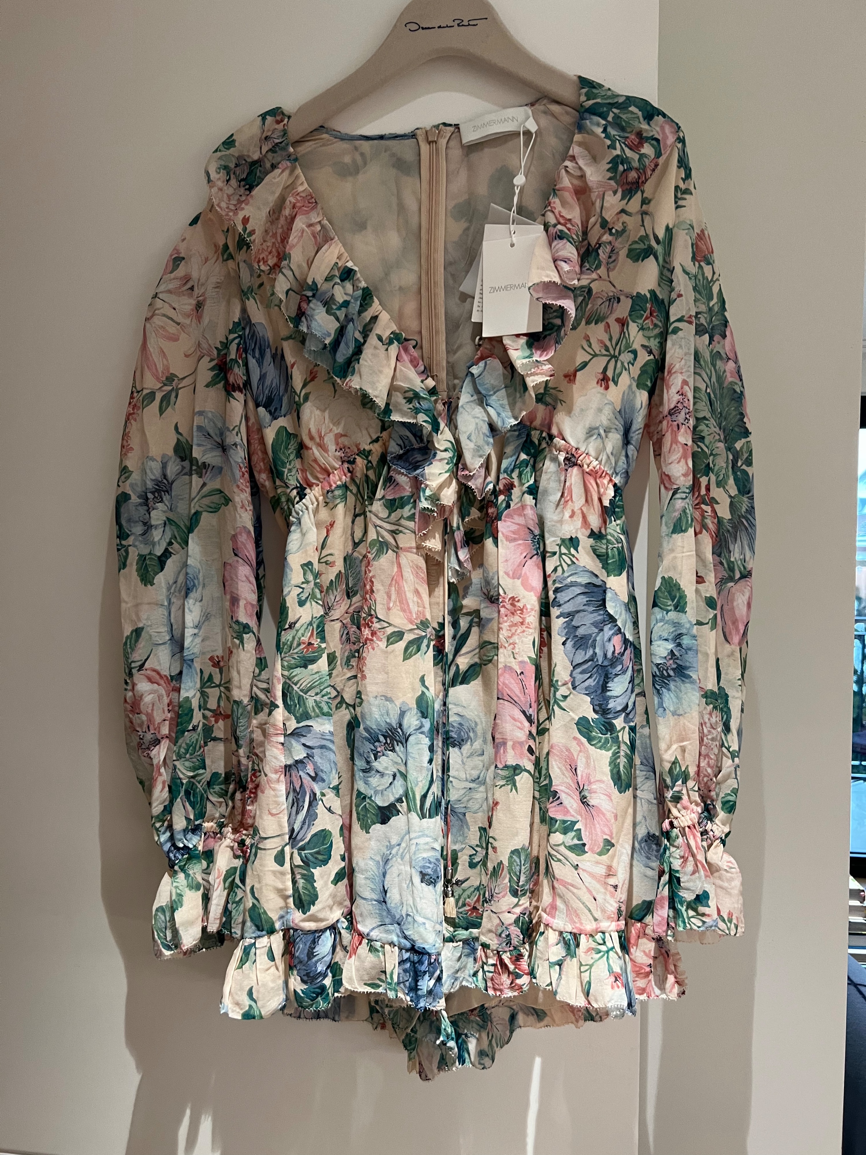 Zimmermann Verity Floral-print Georgette Playsuit Size M Beige with pink and blue floral chiffon