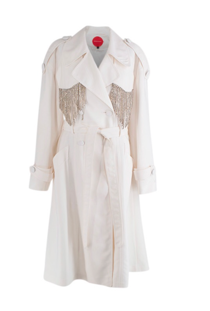 Marianna Senchina Cream Crystal Fringed Trench Coat Size S viscose