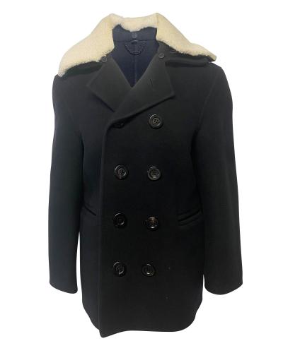 Preowned Burberry Prorsum Black Shearling Collar Pea Coat Size XL wool/hair