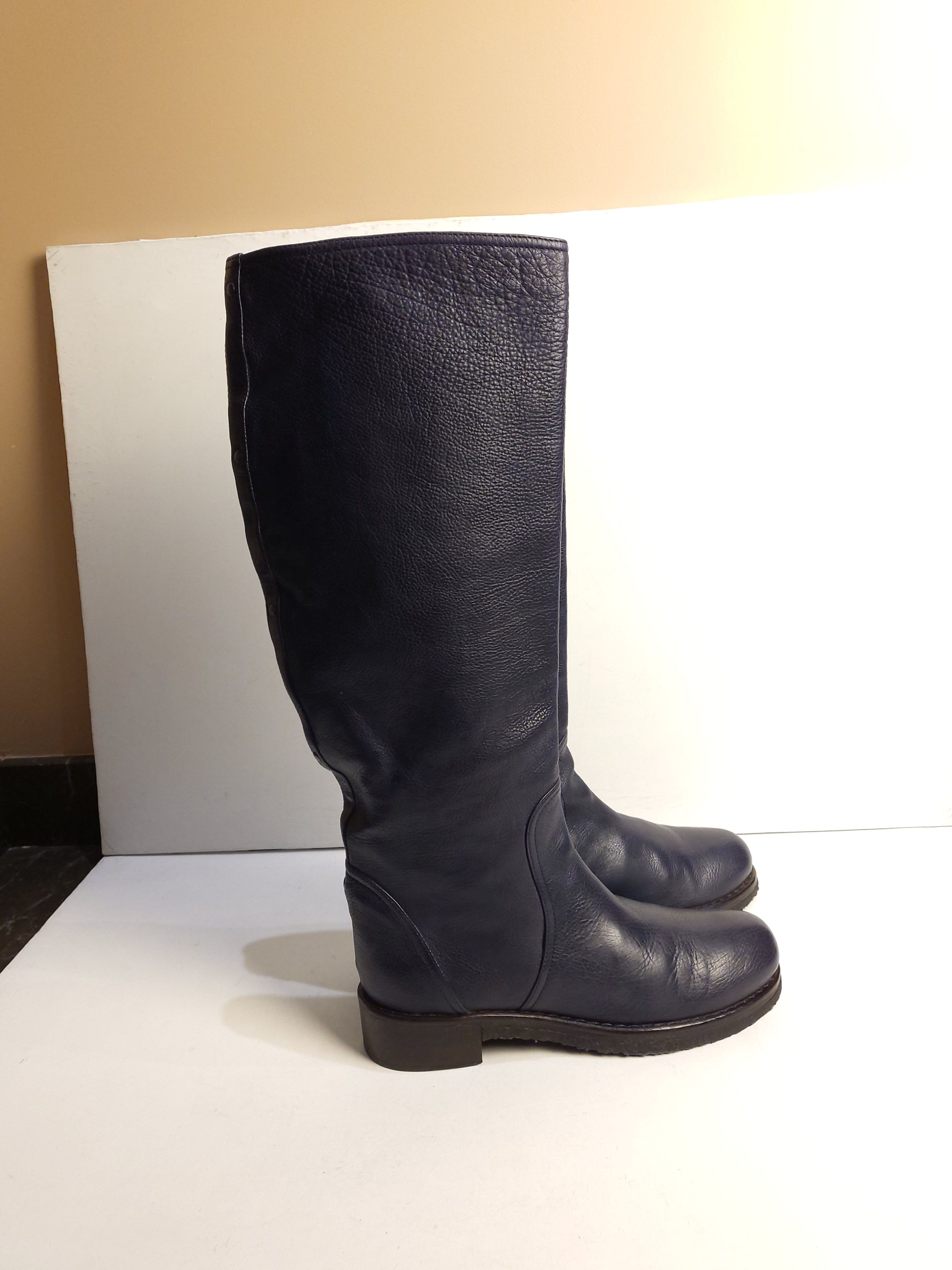 Preowned Bottega Veneta blue leather long flat boots Size 39 Navy