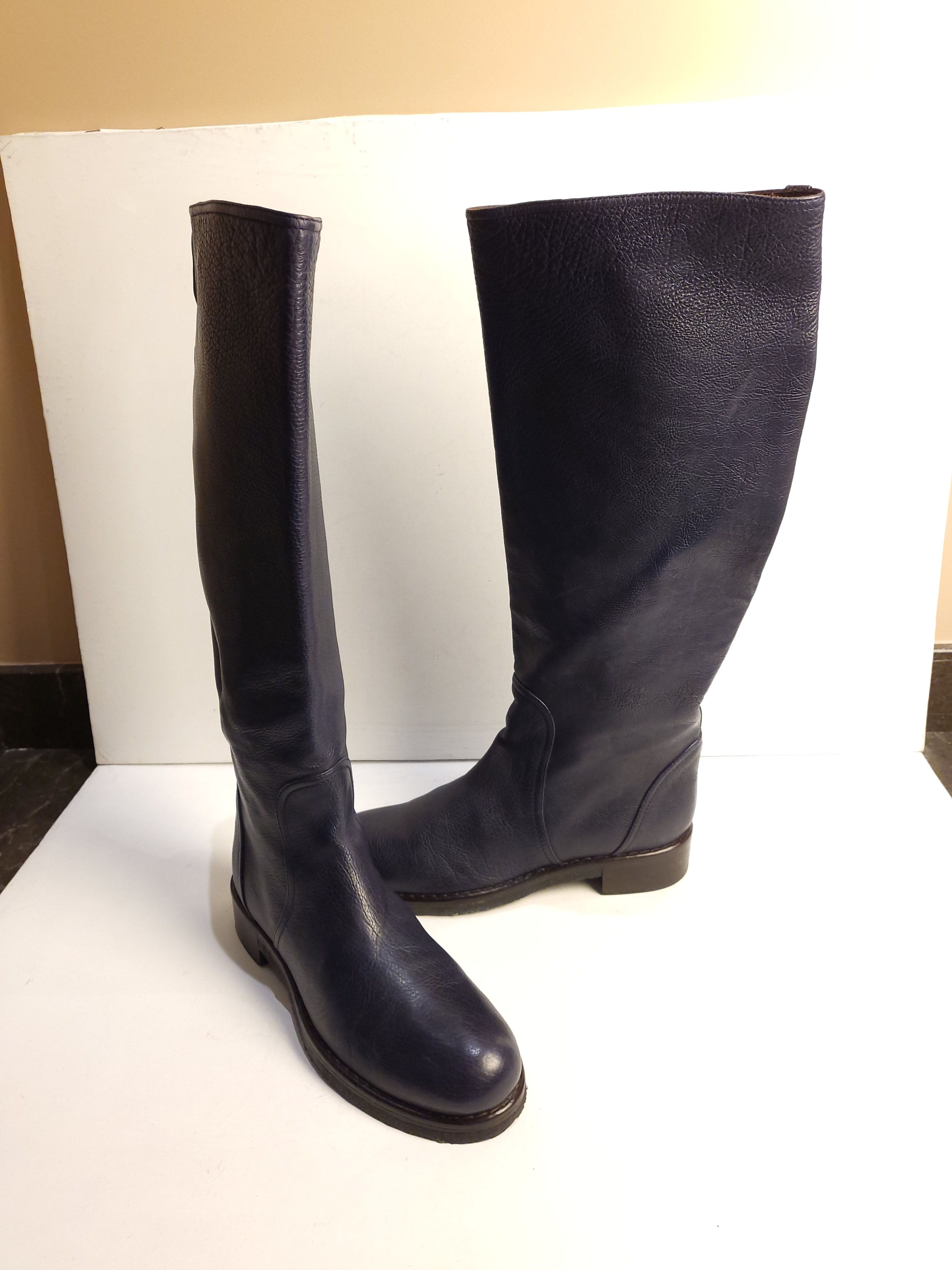 Preowned Bottega Veneta blue leather long flat boots Size 39 Navy