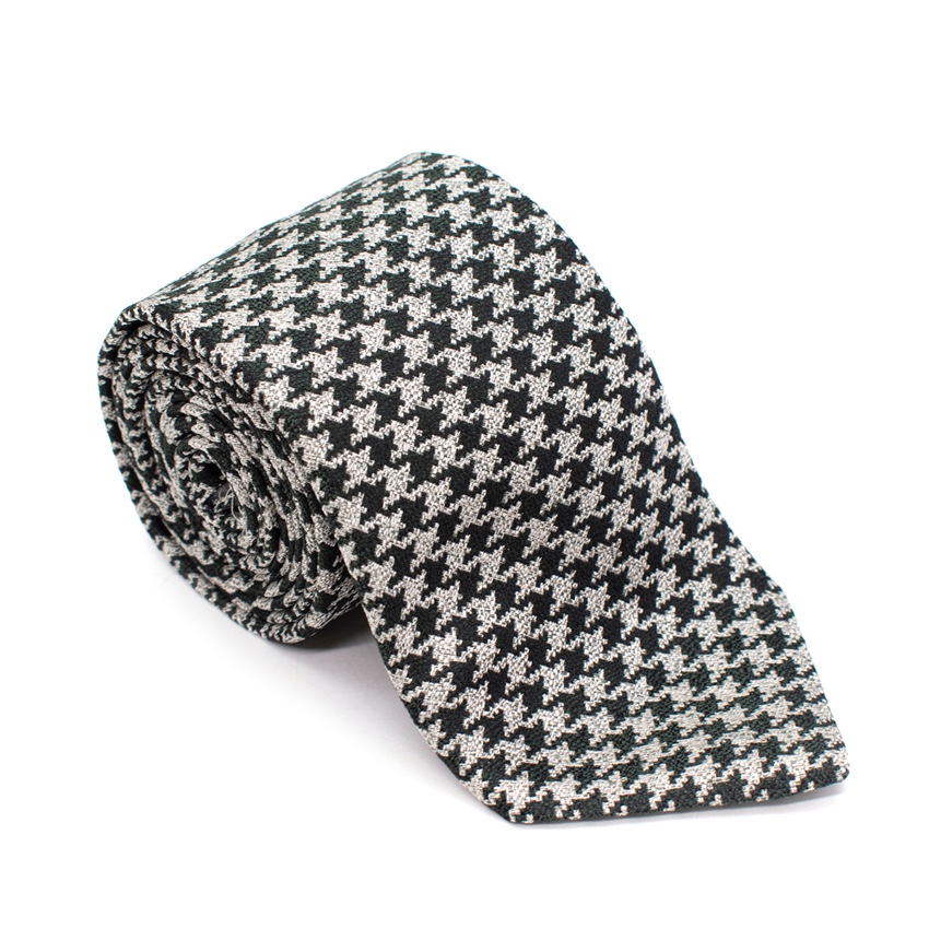 Men's Preowned Hickey Freeman Green  Grey Houndstooth Tie Black  White silk