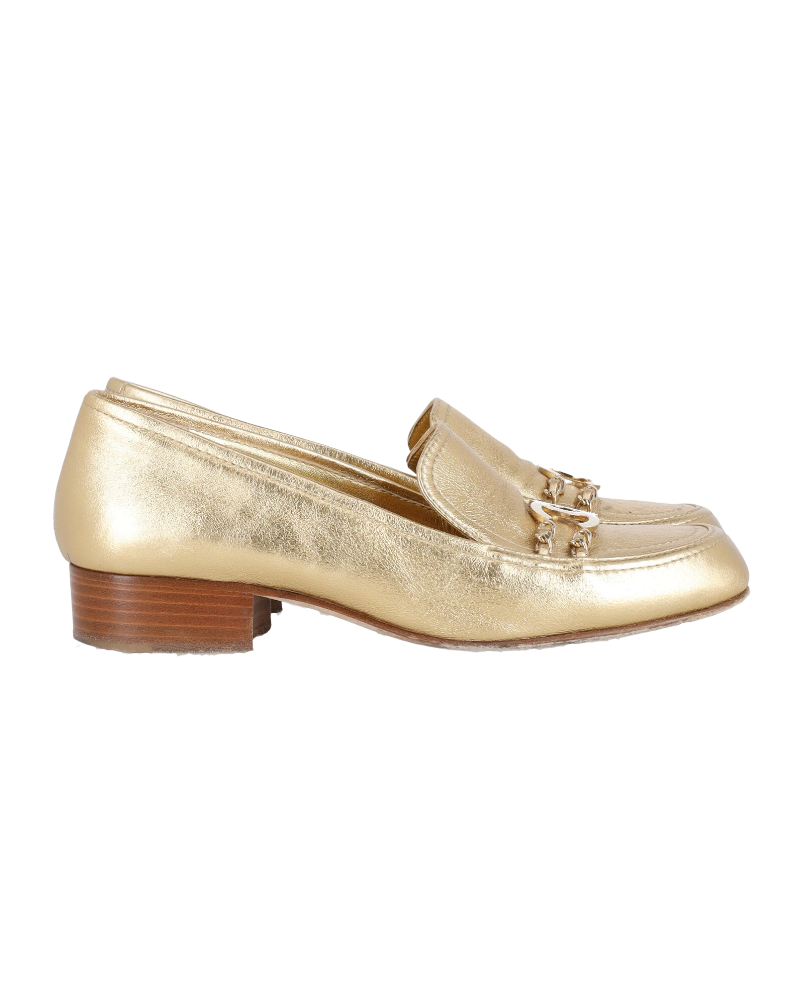 Preowned Chanel Gold Leather Chain CC Logo Loafers Size 375 metallic | gold