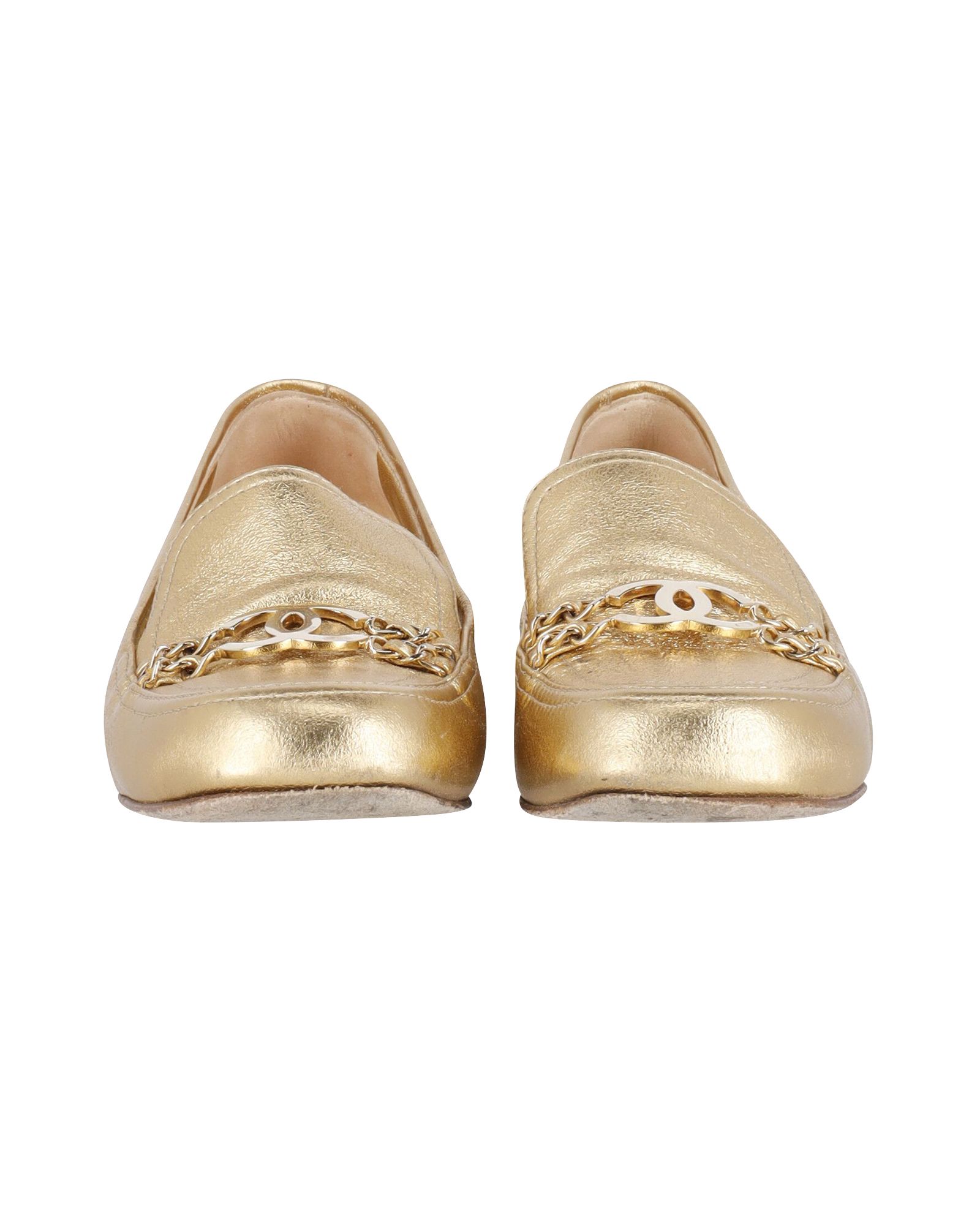 Preowned Chanel Gold Leather Chain CC Logo Loafers Size 375 metallic | gold