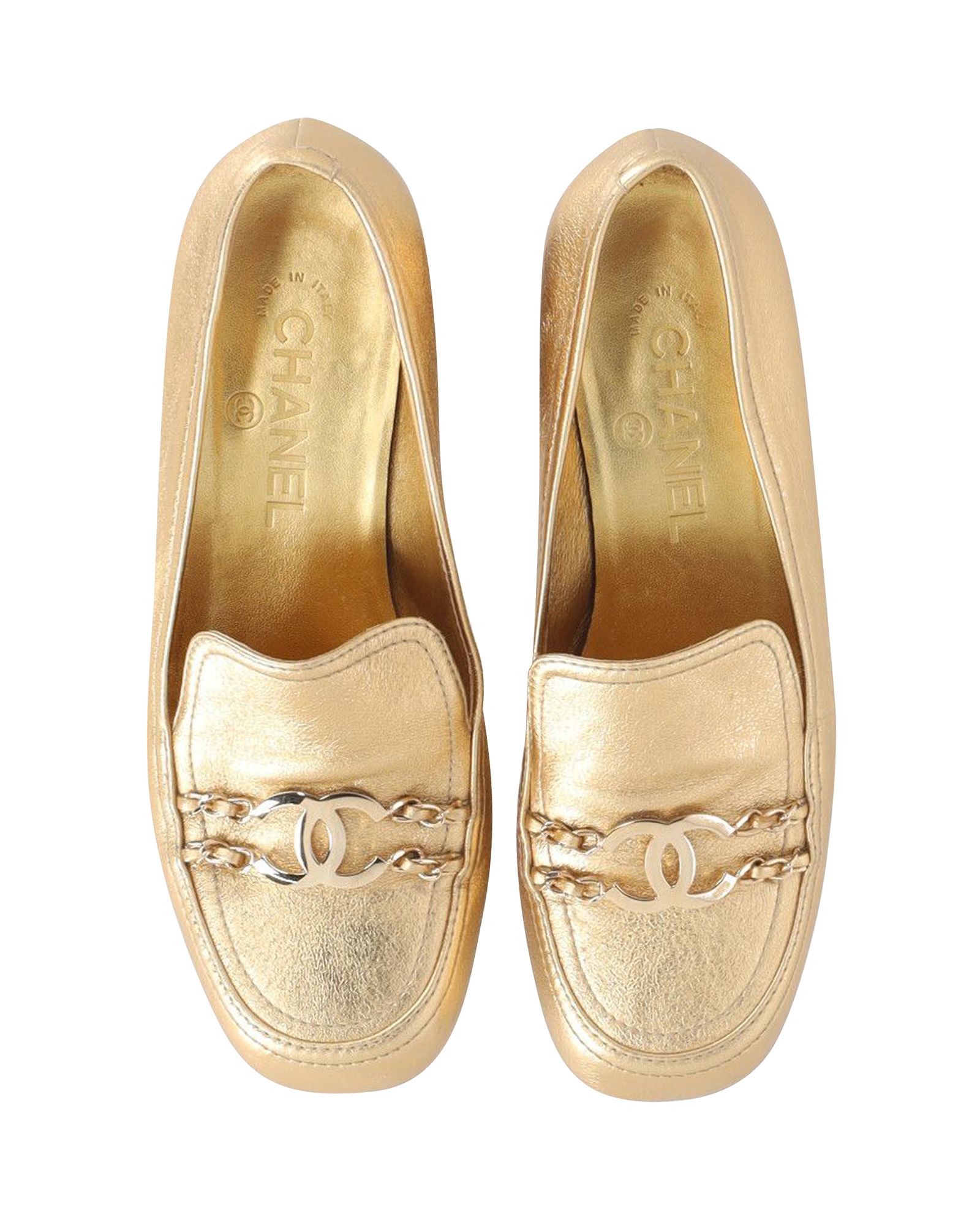 Preowned Chanel Gold Leather Chain CC Logo Loafers Size 375 metallic | gold