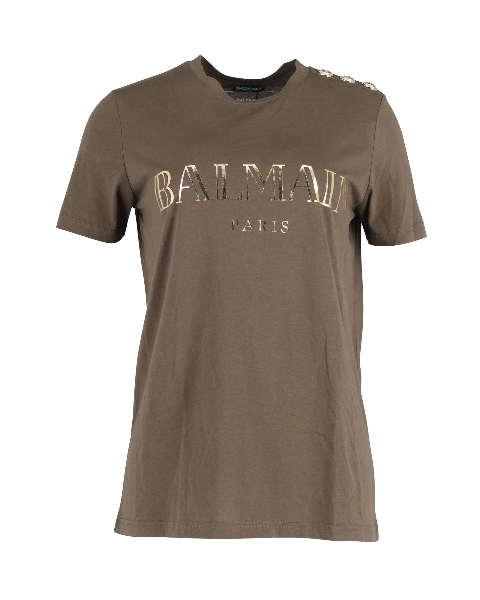 Preowned Balmain Khaki Metallic Logo T-shirt with Gold Button Detail Size M green | khaki cotton