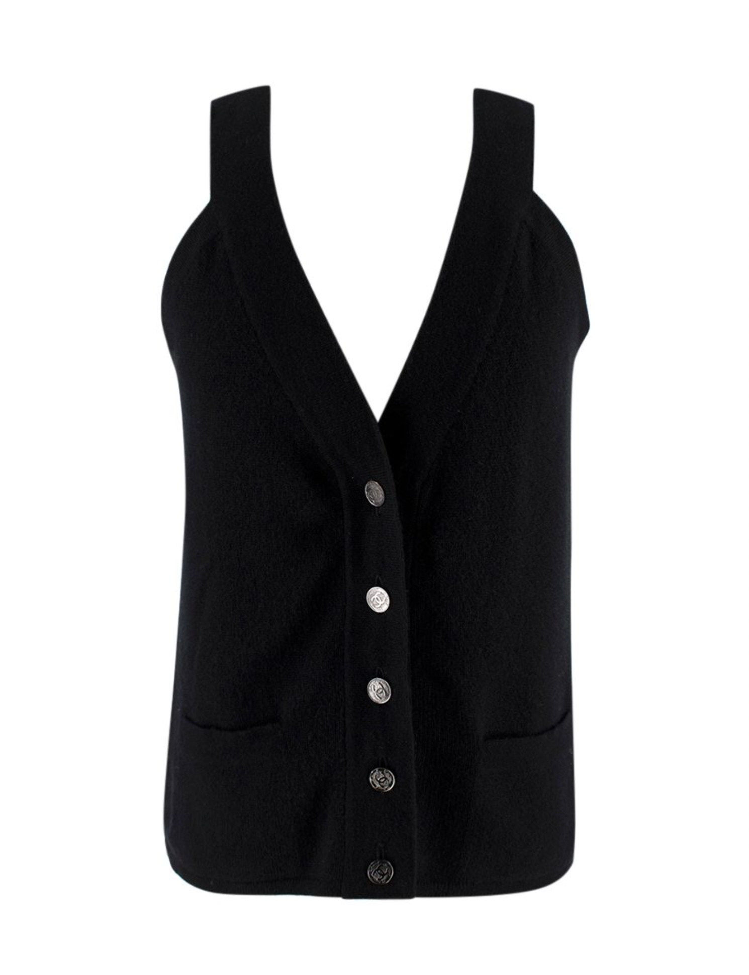 Preowned Chanel Cashmere Black Button-down Sleeveless Top Size L