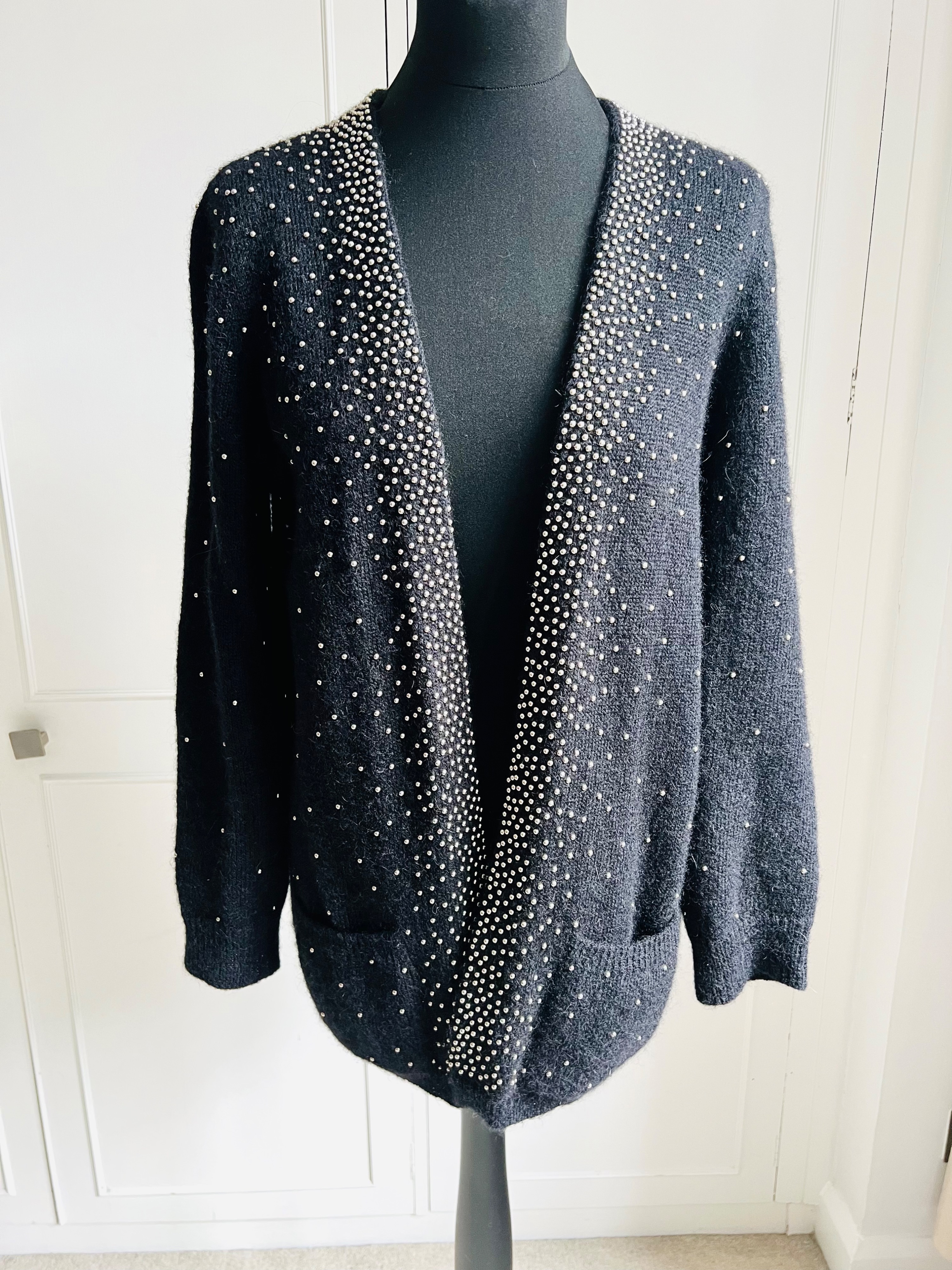 Preowned Saint Laurent Embellished Mohair Blend Cardigan Size S Black