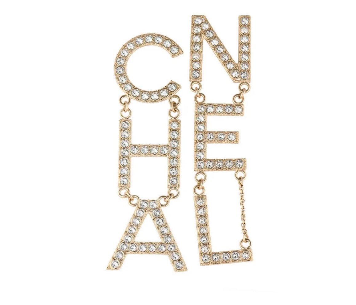 Chanel Gold Tone Crystal Embellished Logo Earrings Gold/ Silver metal