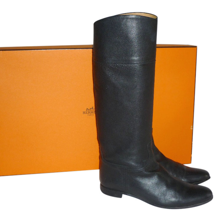 Preowned Hermes Black Leather Riding Boots Size 385