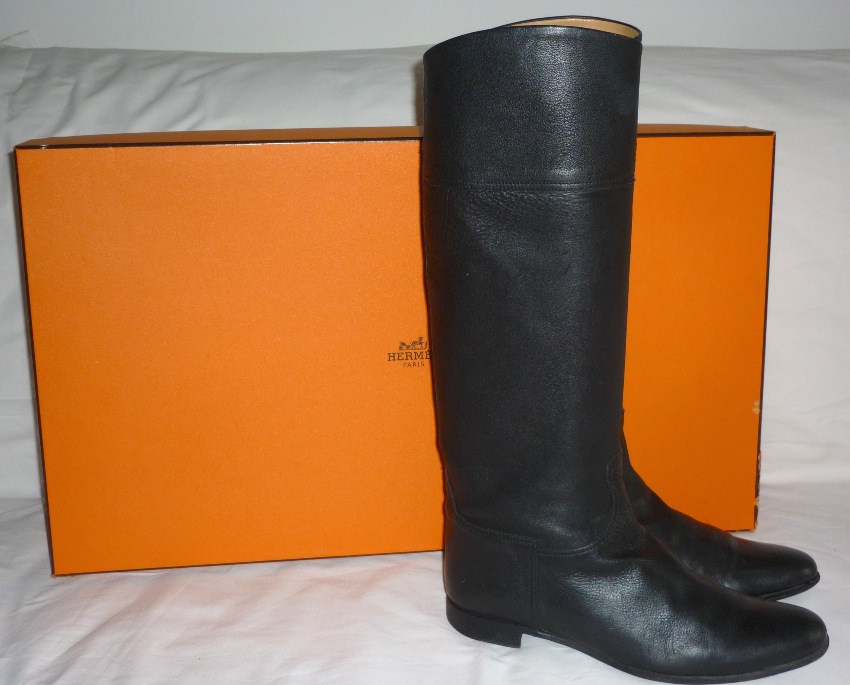 Preowned Hermes Black Leather Riding Boots Size 385