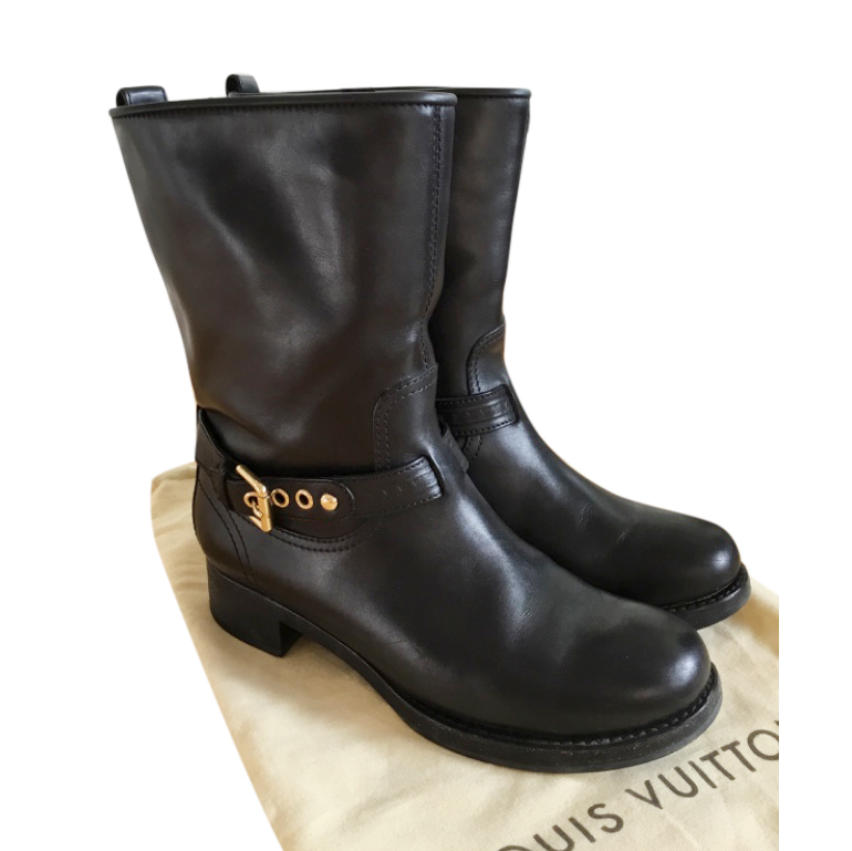 Preowned Louis Vuitton Black Leather Mid-Calf Boots Size 385