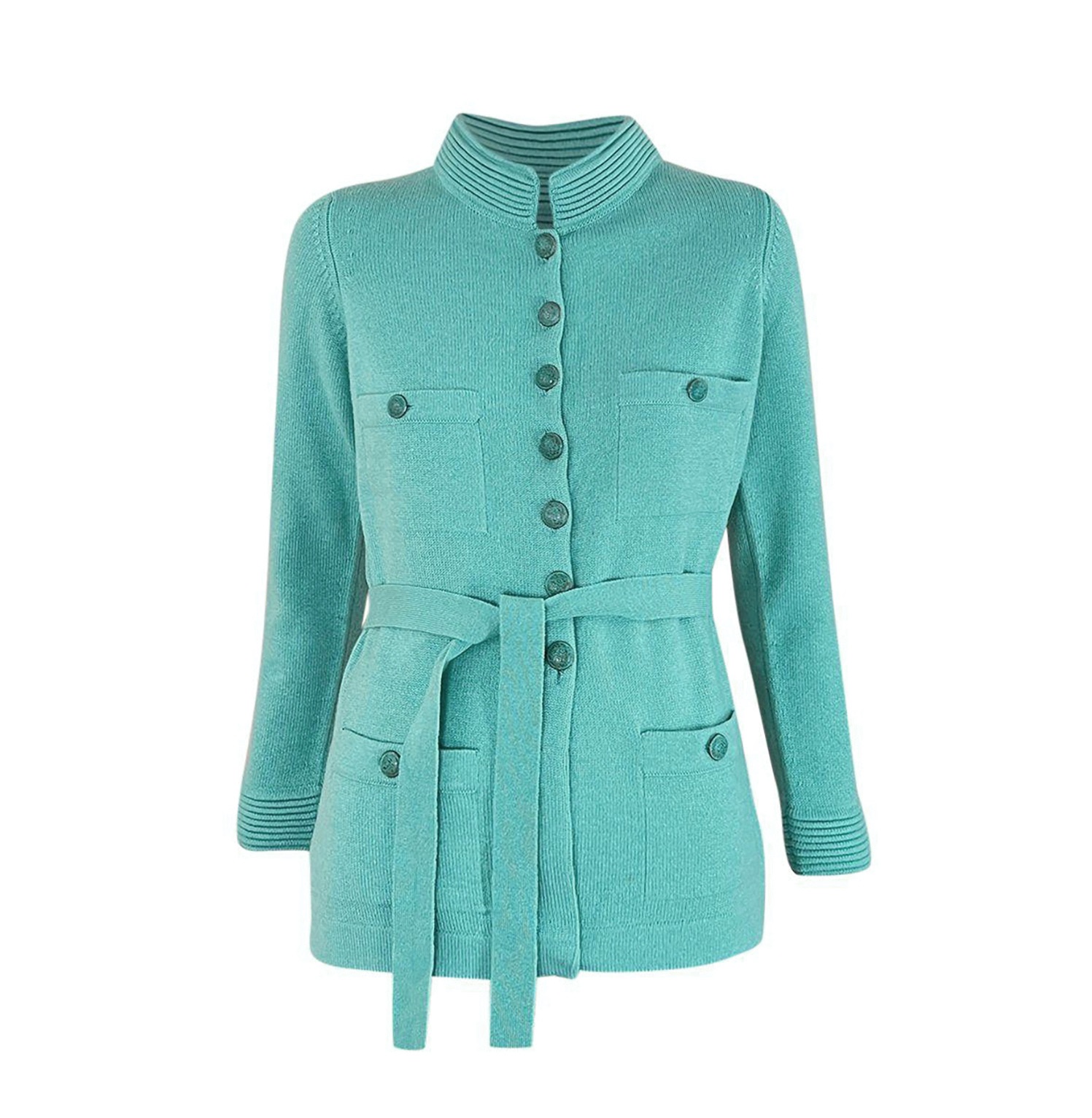 Chanel Paris/Shanghai Collection Belted Turquoise Tweed Jacket Size S cashmere