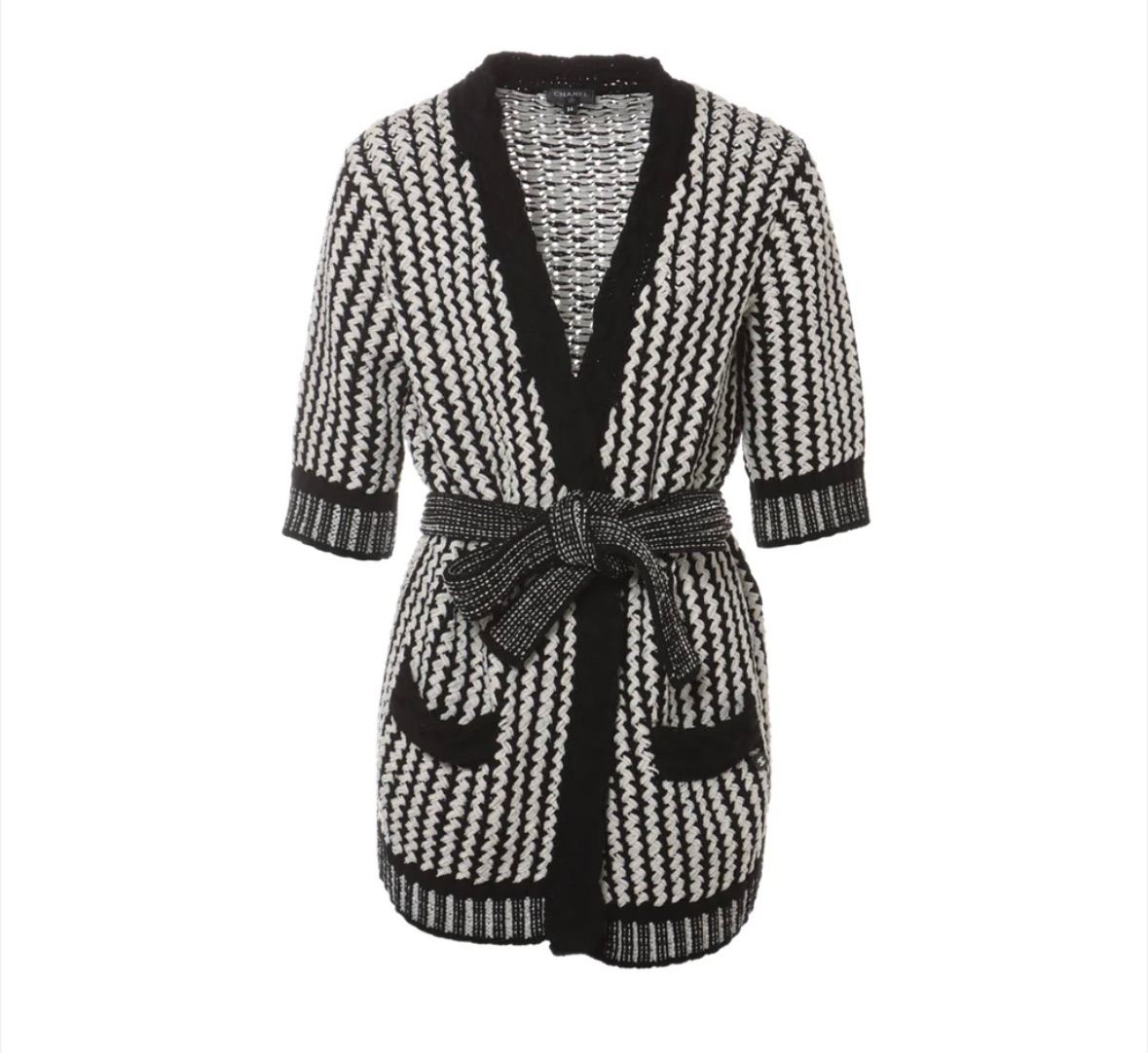 Preowned Chanel Black and White Belted Tweed Cardigan Size L Black/White cotton/polyamid