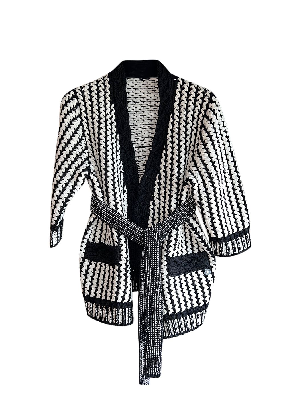 Preowned Chanel Black and White Belted Tweed Cardigan Size L Black/White cotton/polyamid