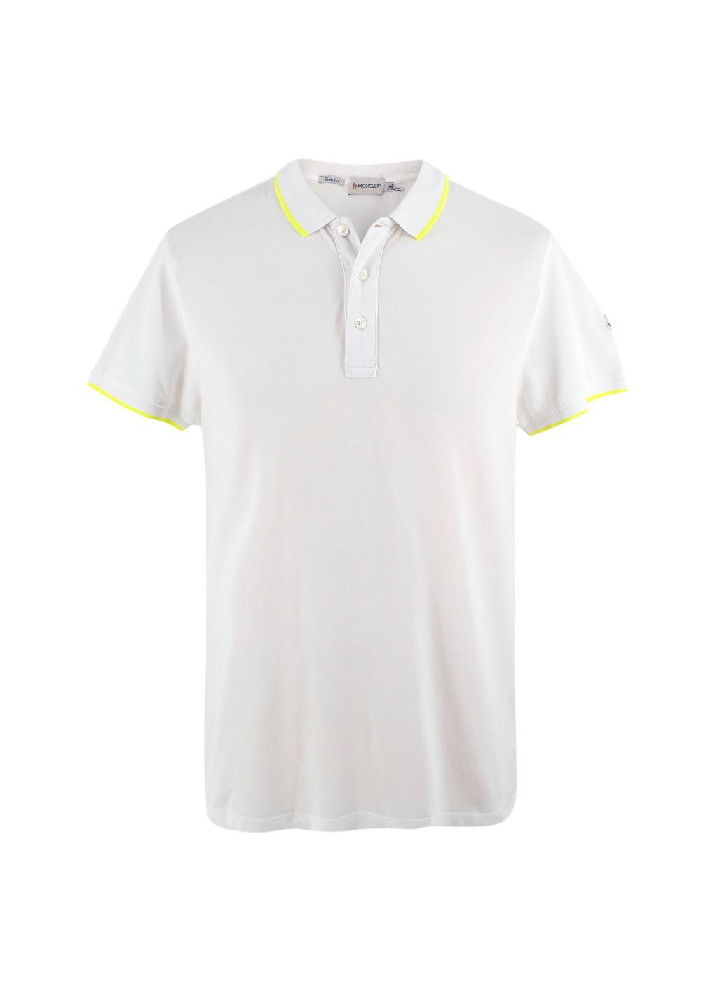 Men's Preowned Moncler White Polo Shirt with Neon Yellow Trim Size XL white yellow cotton