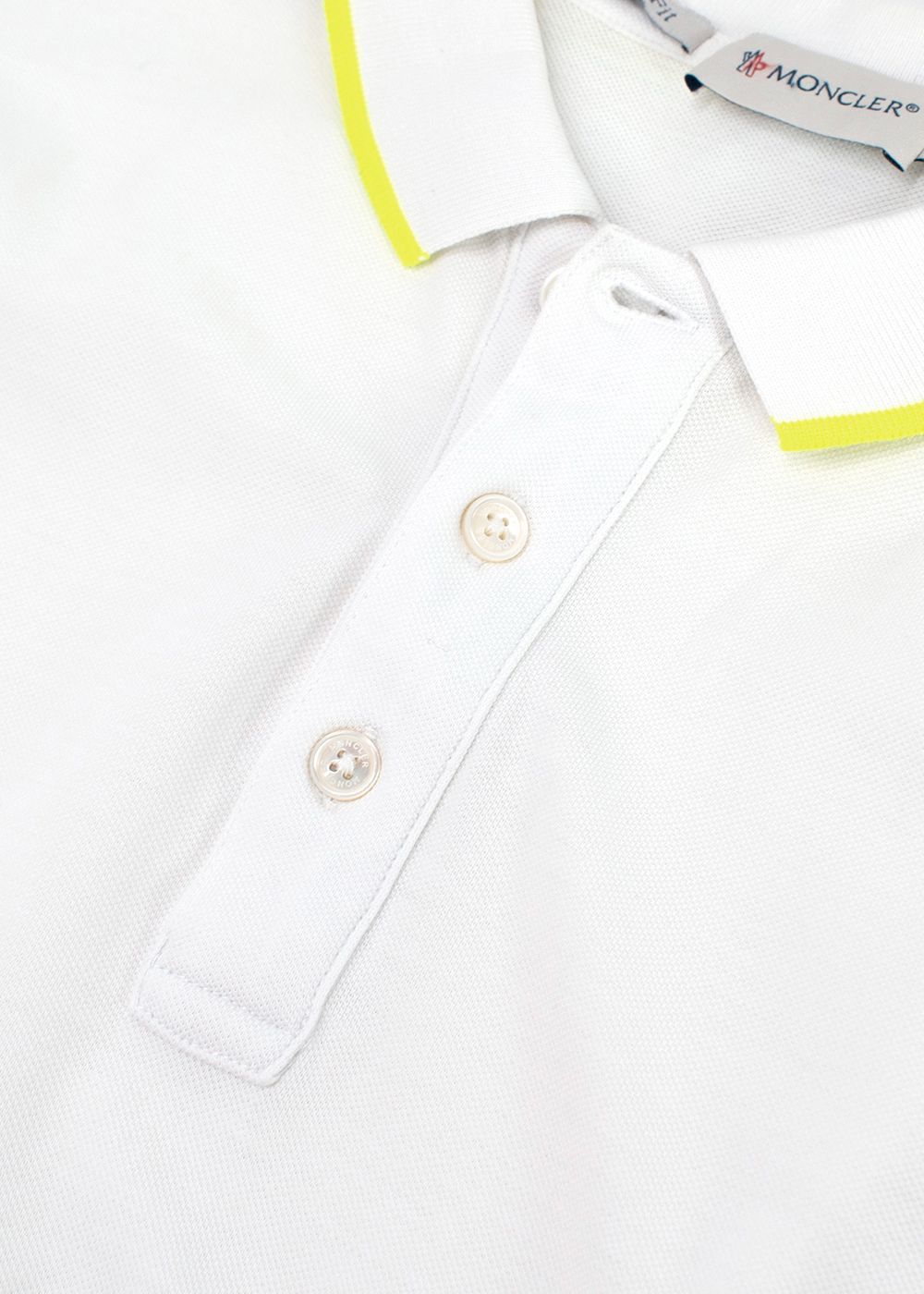 Men's Preowned Moncler White Polo Shirt with Neon Yellow Trim Size XL white yellow cotton