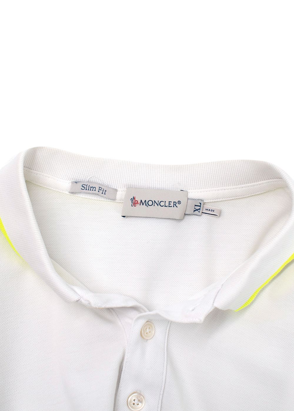 Men's Preowned Moncler White Polo Shirt with Neon Yellow Trim Size XL white yellow cotton