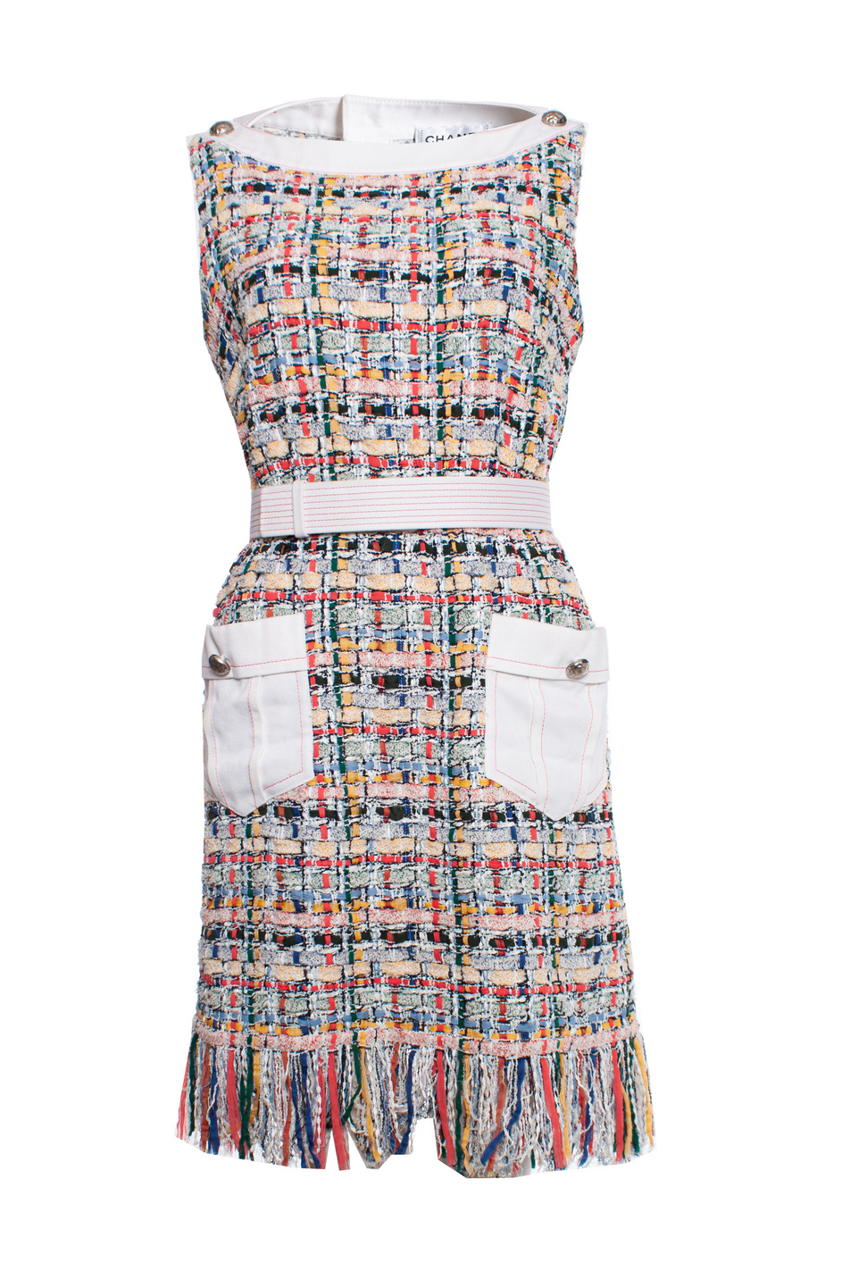 Preowned Chanel Multicoloured Tweed Dress with Fringe Detail Size 42 multicolor print cotton