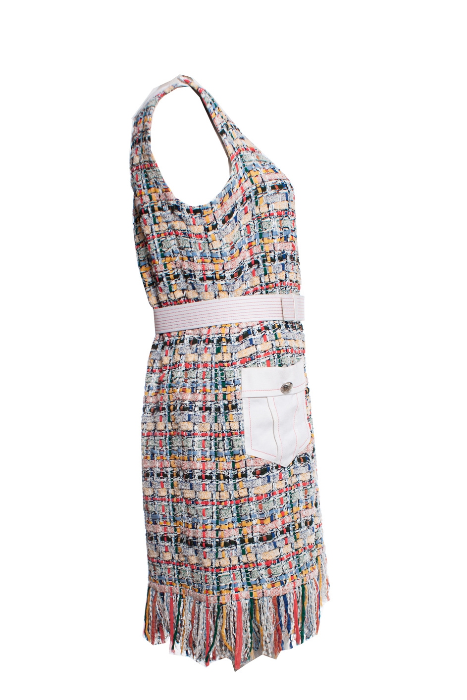 Preowned Chanel Multicoloured Tweed Dress with Fringe Detail Size 42 multicolor print cotton