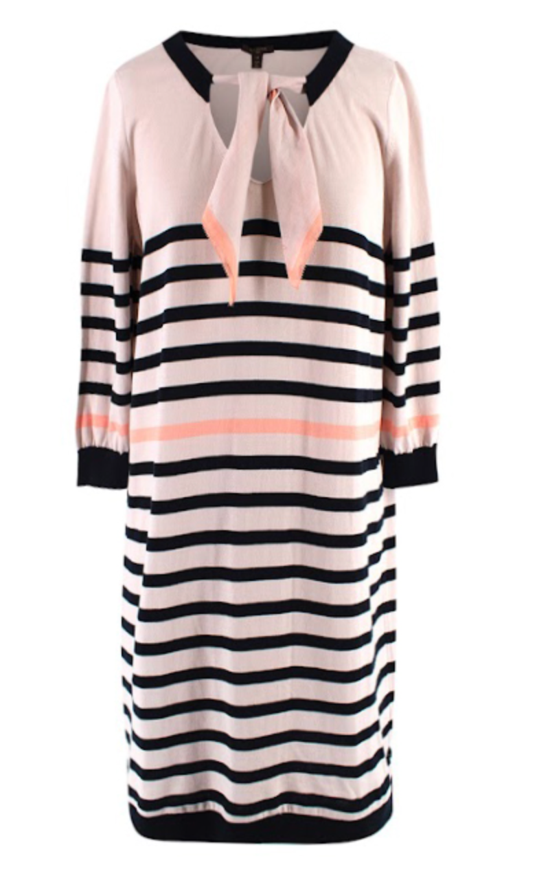 Preowned Louis Vuitton Beige Striped Tie-neck Dress Size M pink and black cotton