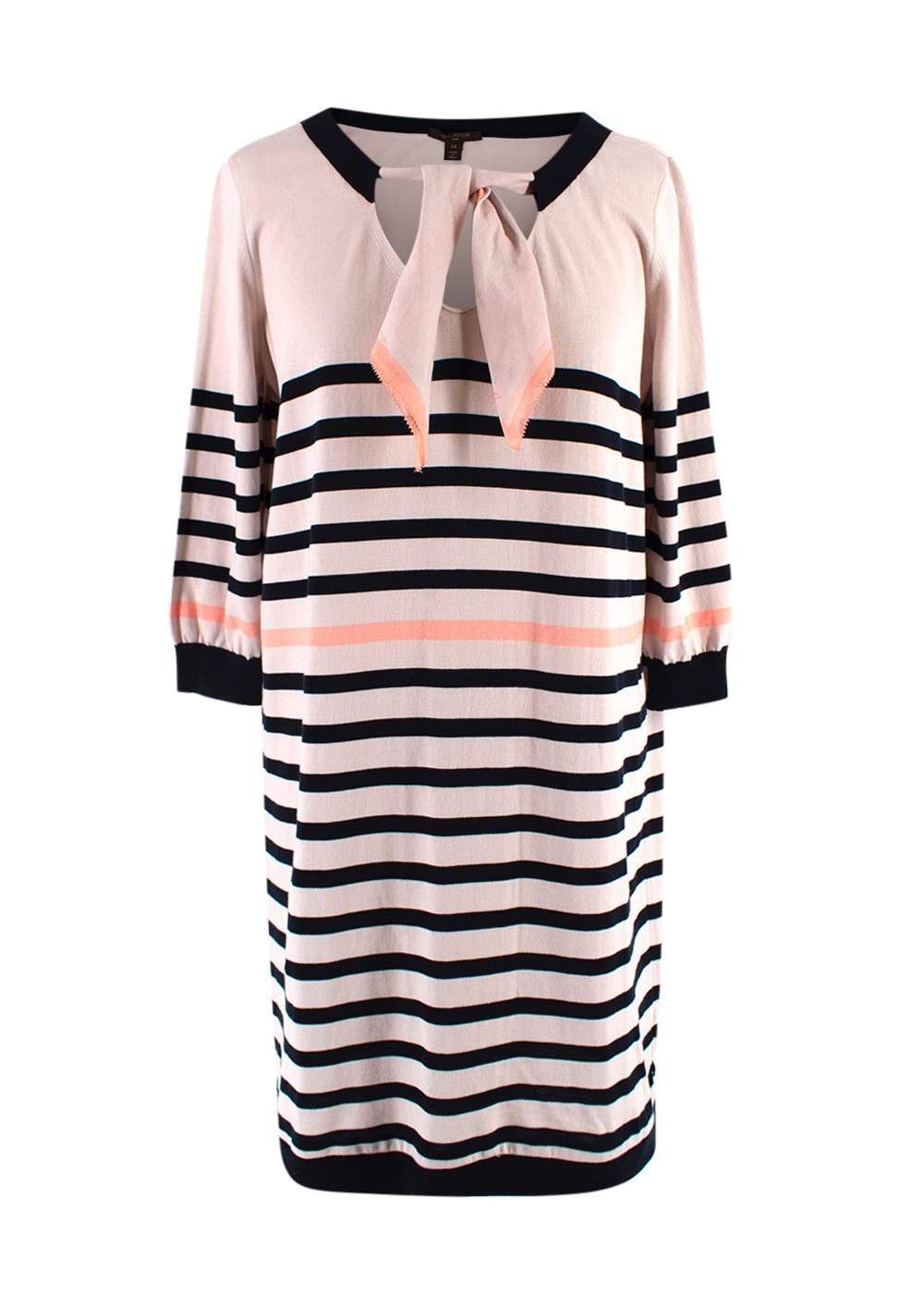 Preowned Louis Vuitton Beige Striped Tie-neck Dress Size M pink and black cotton