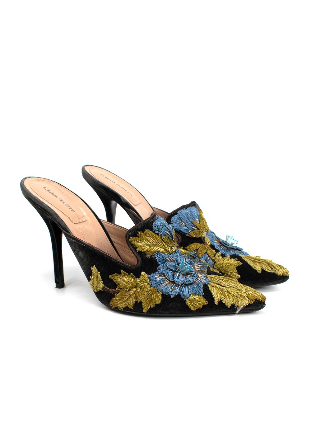 Preowned Alberta Ferretti Grey Velvet Blue Flower Embroidered Heels Size 40 Black blue and green