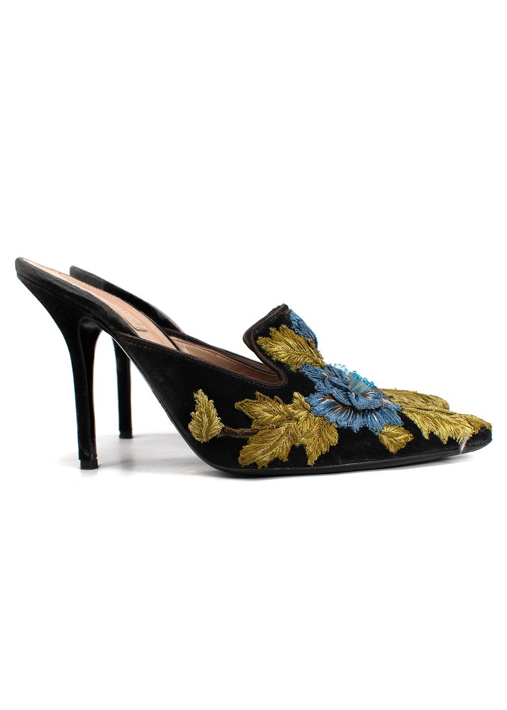 Preowned Alberta Ferretti Grey Velvet Blue Flower Embroidered Heels Size 40 Black blue and green