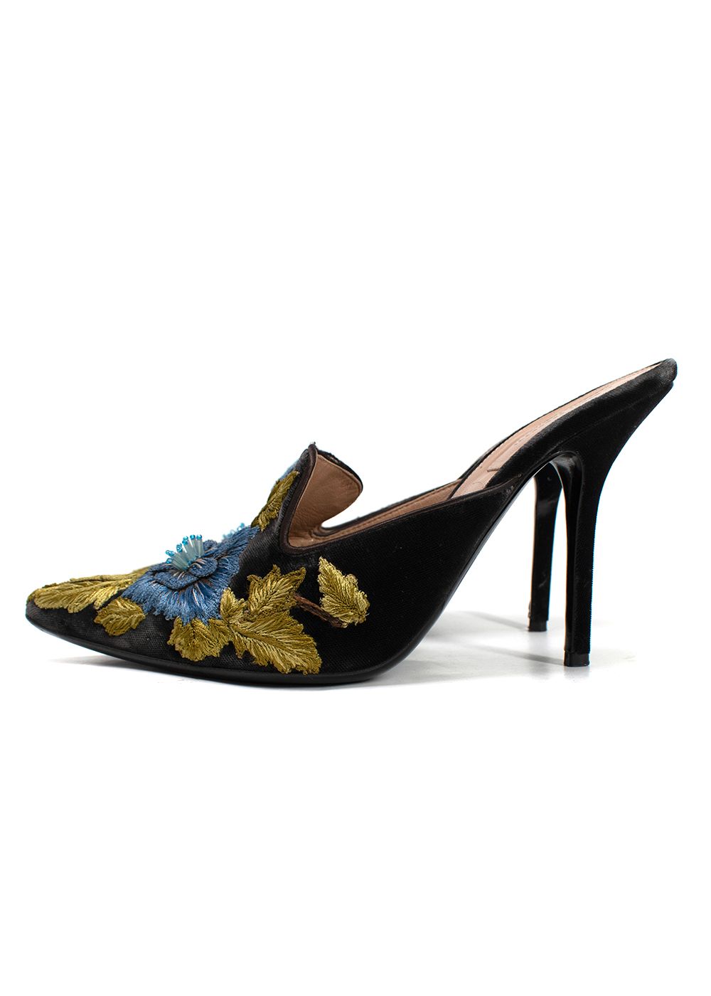 Preowned Alberta Ferretti Grey Velvet Blue Flower Embroidered Heels Size 40 Black blue and green