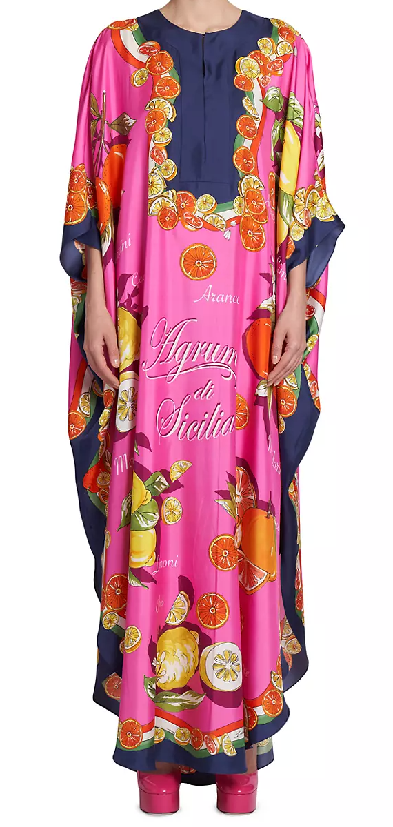 Preowned Dolce  Gabbana Pink Capri Silk Painterly Fruit Kaftan Size S Multicolor