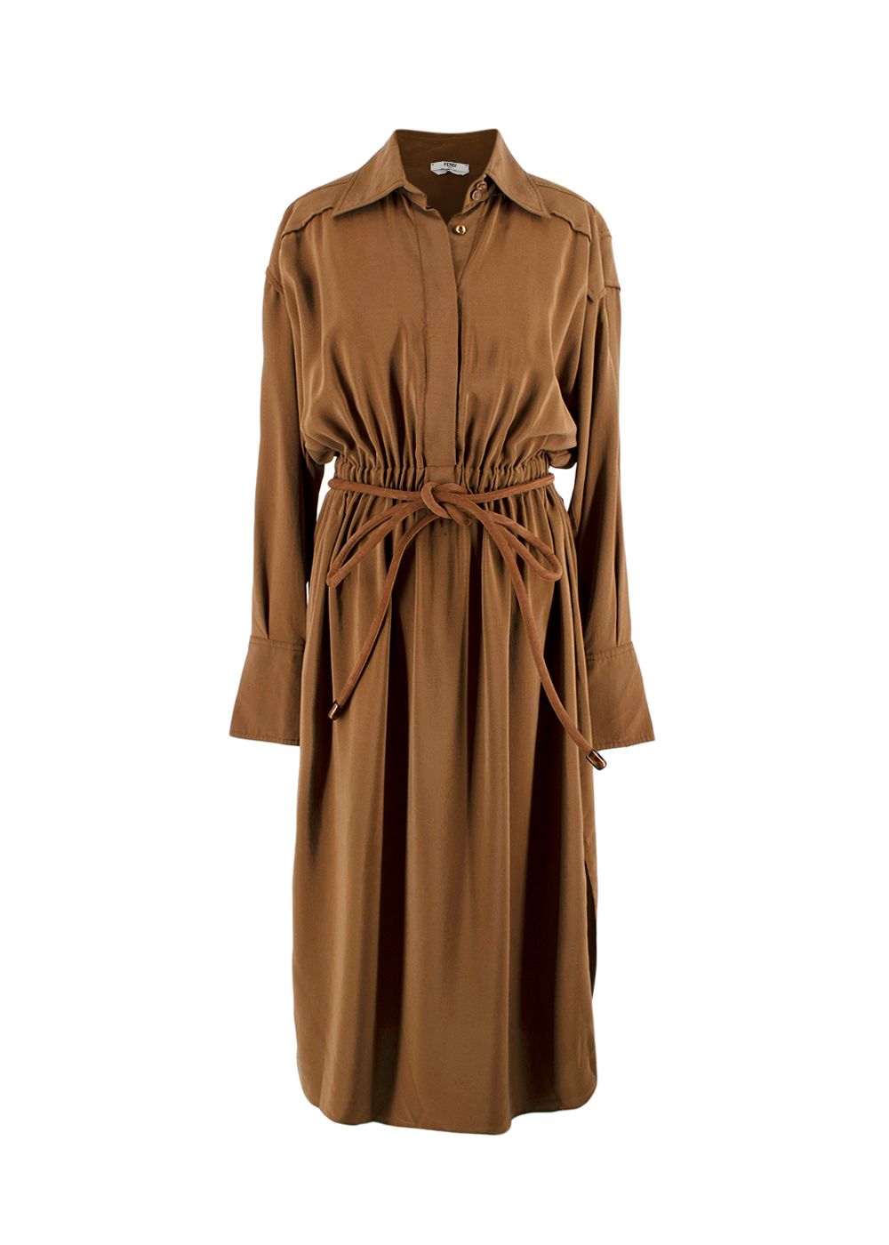 Fendi Brown Silk Midi Dress with Suede Rope Belt Size XS