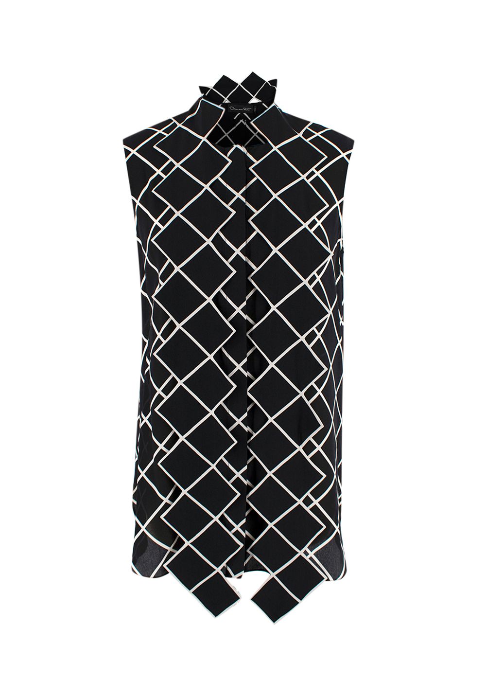 Oscar de La Renta Black and White Geometric Silk Blouse Size XS Black White