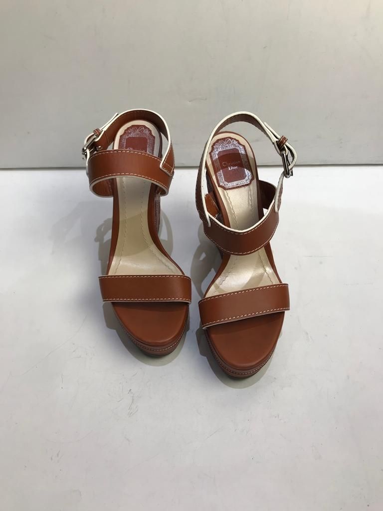 Preowned Dior Brown leather cannage quilted wedge sandals Size 38