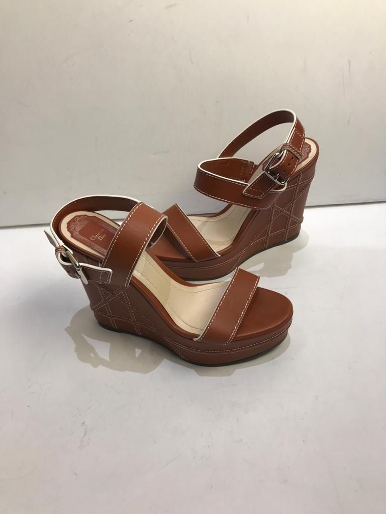 Preowned Dior Brown leather cannage quilted wedge sandals Size 38