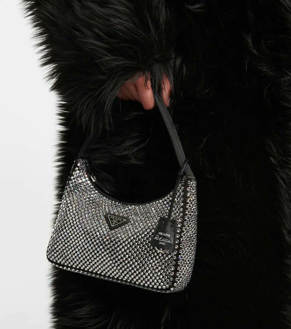 Prada Black Satin Crystal Embellished Re-Edition 2000 Mini Bag