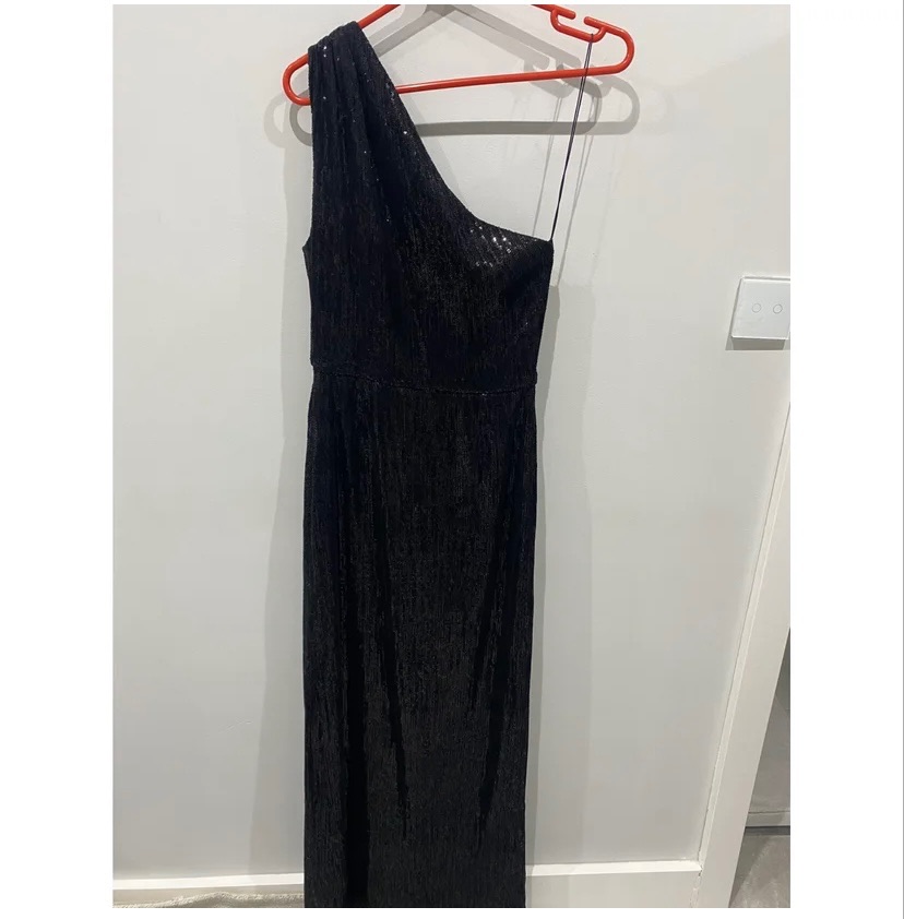 Preowned Haney Black Sequin One Shoulder Gown Size XS viscose