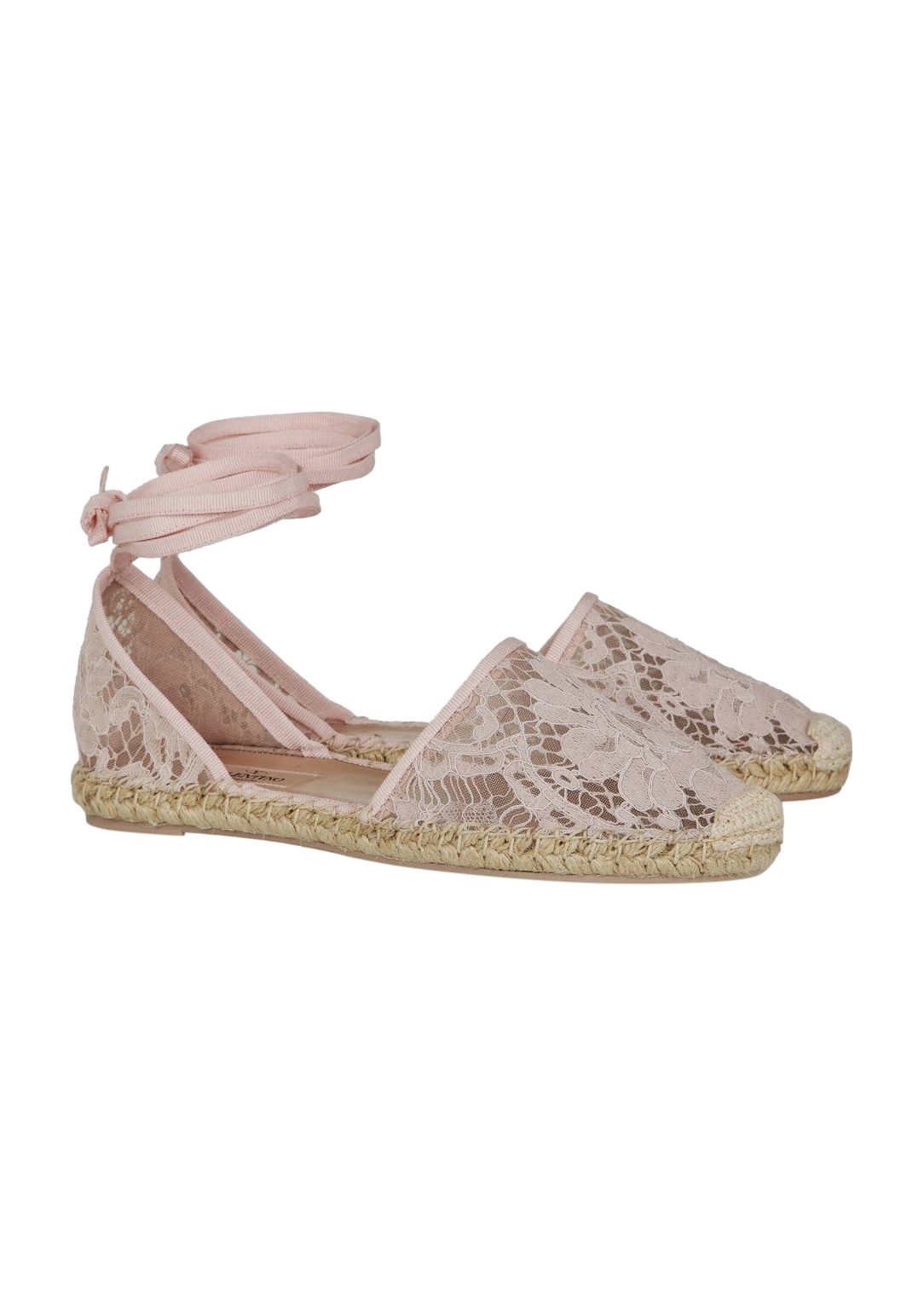 Preowned Valentino Pink Lace Ankle Tie Espadrilles Size 39 lace/leather/raffia