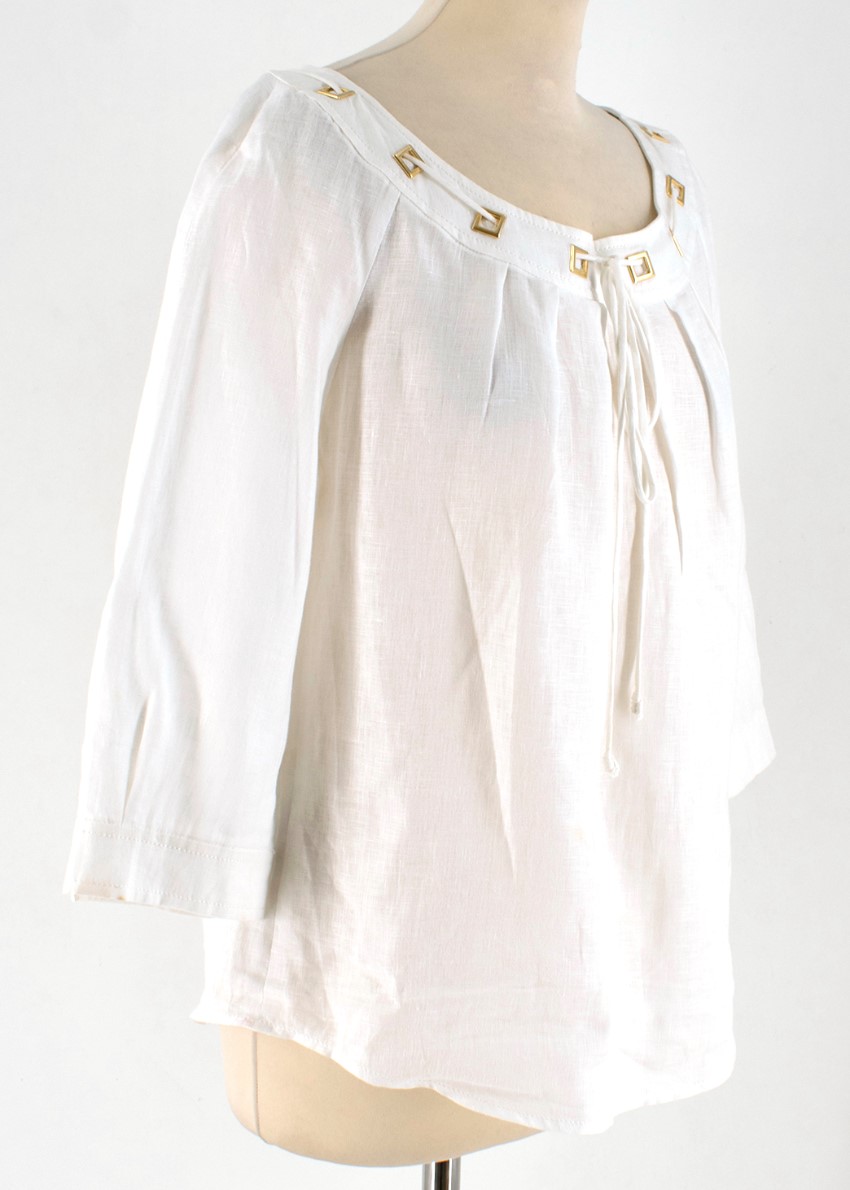 Preowned Max Mara White Lace-Up Square Eyelet Trim Blouse Size S lace