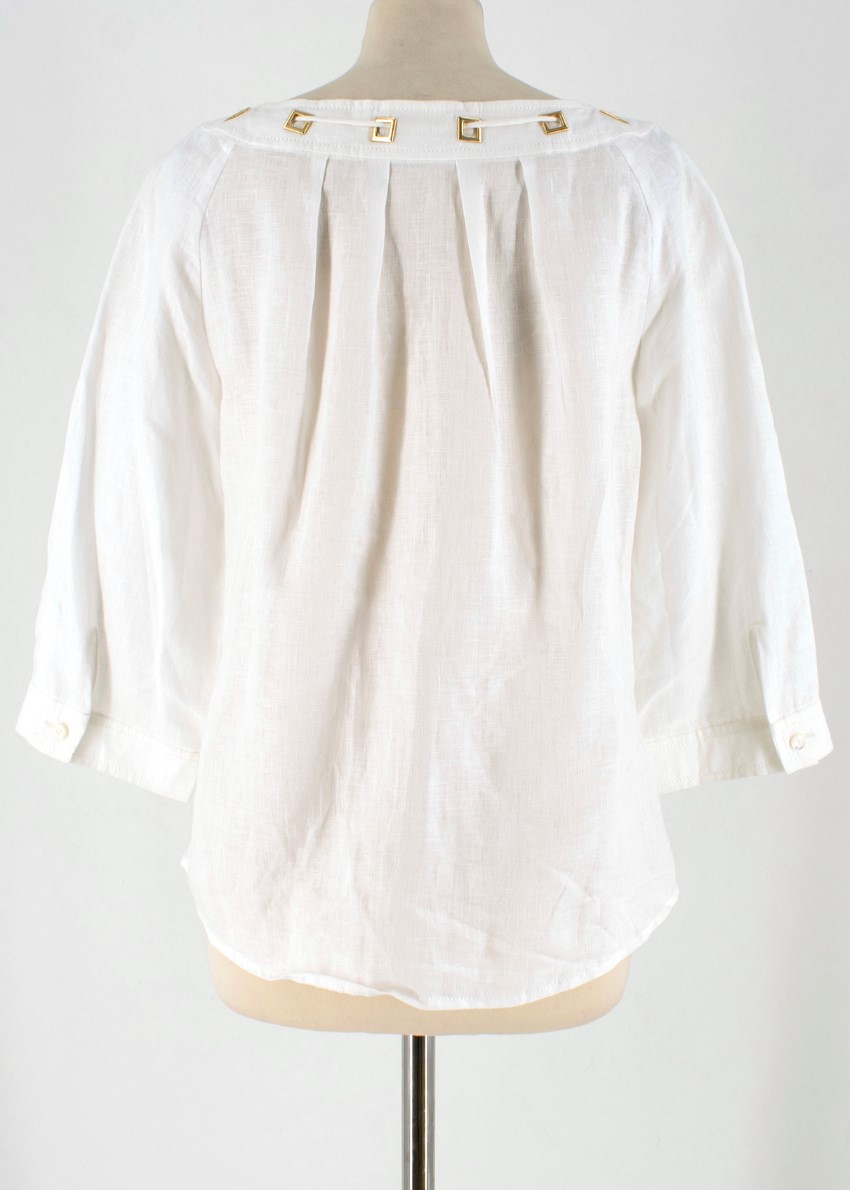 Preowned Max Mara White Lace-Up Square Eyelet Trim Blouse Size S lace