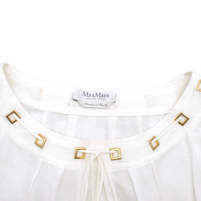 Preowned Max Mara White Lace-Up Square Eyelet Trim Blouse Size S lace