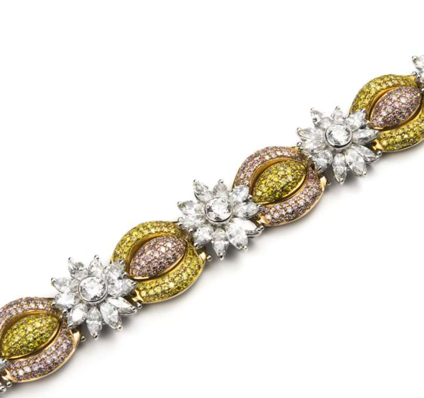 Preowned 18ct white gold white yellow  pink fancy diamond bracelet Multicolour white gold