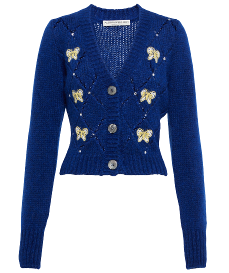 Preowned Alessandra Rich Butterfly-Embroidered Alpaca and Wool-Blend Cardigan Size S Blue alpaca wool/polyamide/wool