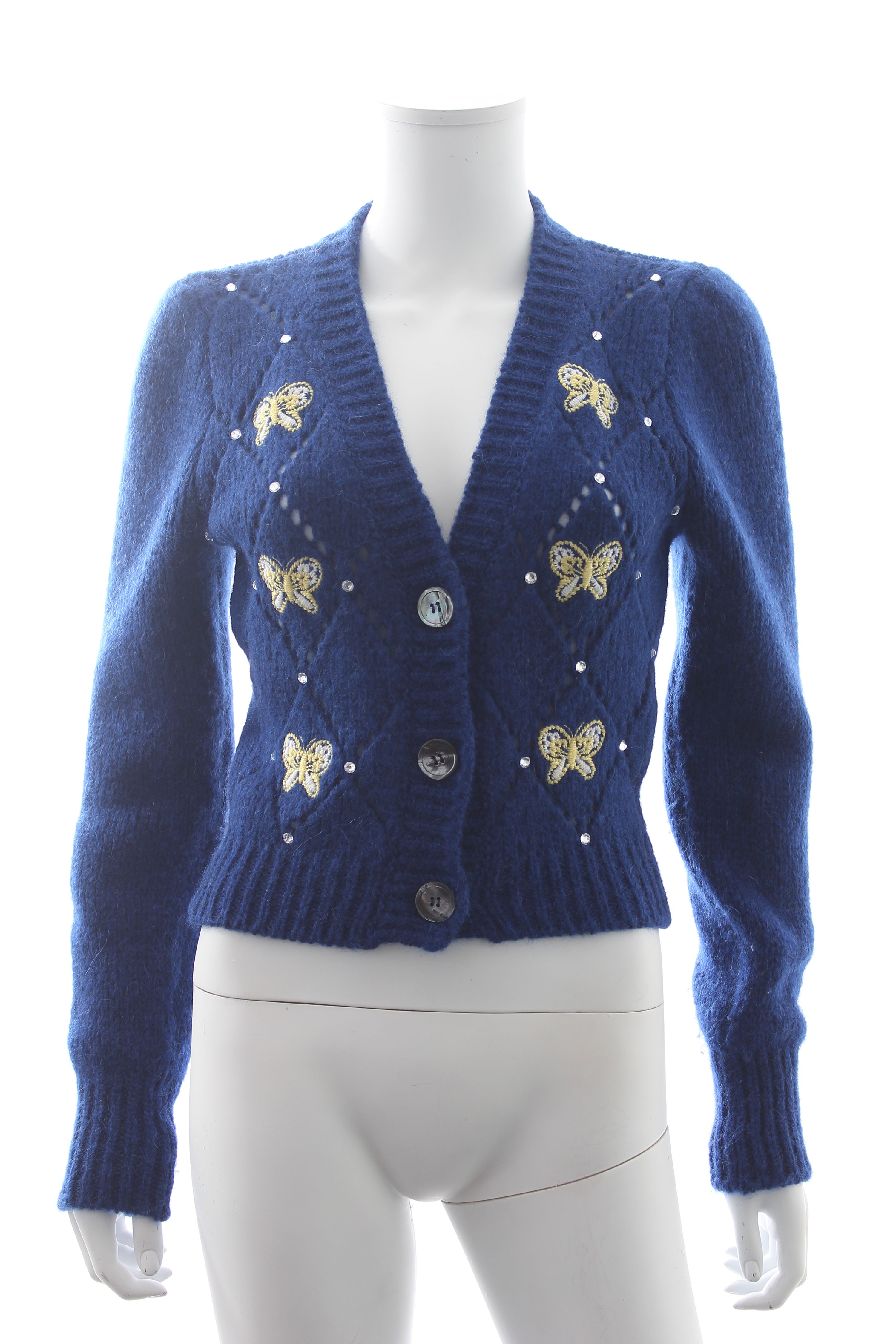 Preowned Alessandra Rich Butterfly-Embroidered Alpaca and Wool-Blend Cardigan Size S Blue alpaca wool/polyamide/wool