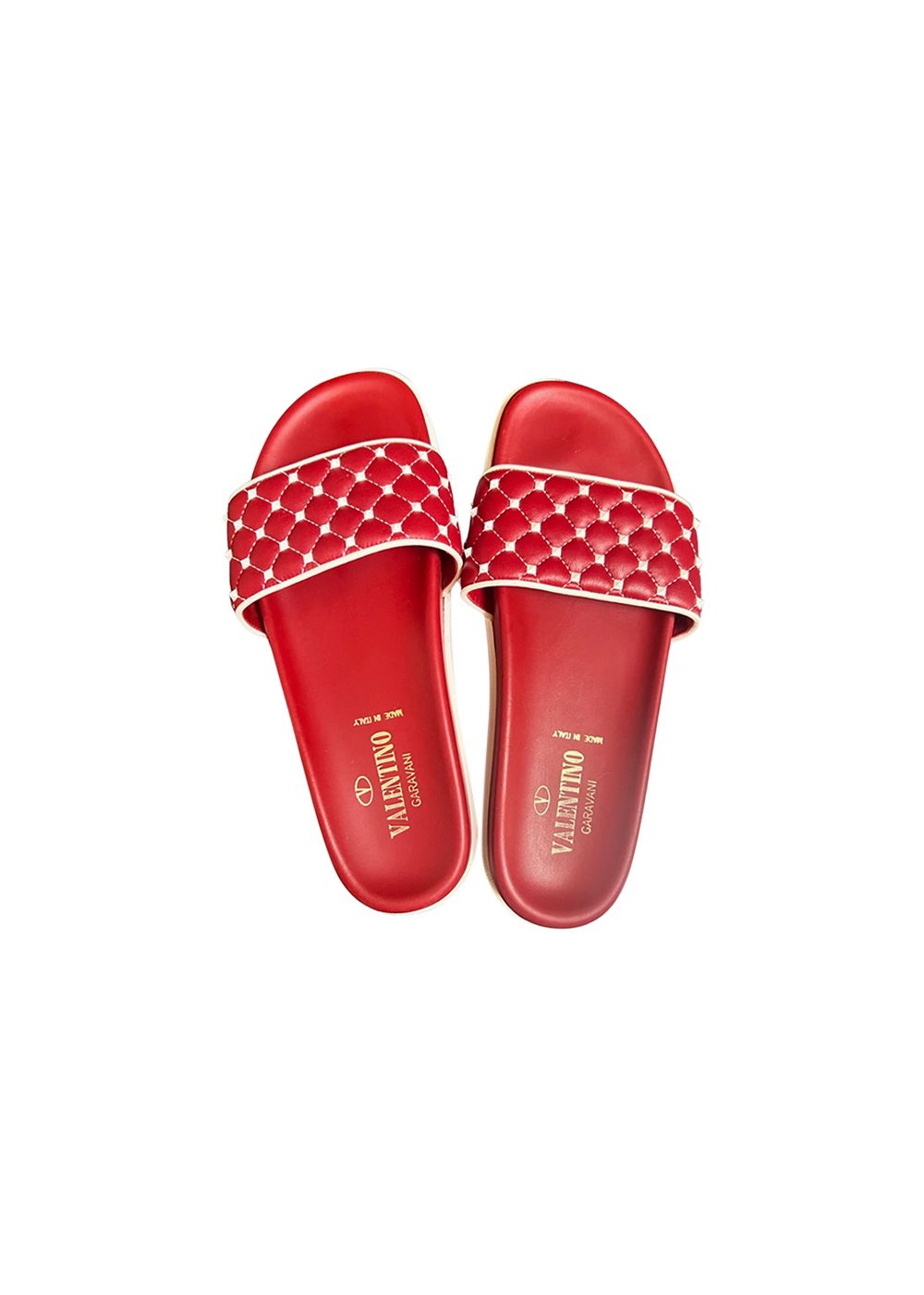 Preowned Valentino Free Rockstud Spike Pool Slides Size 385 Red/White leather