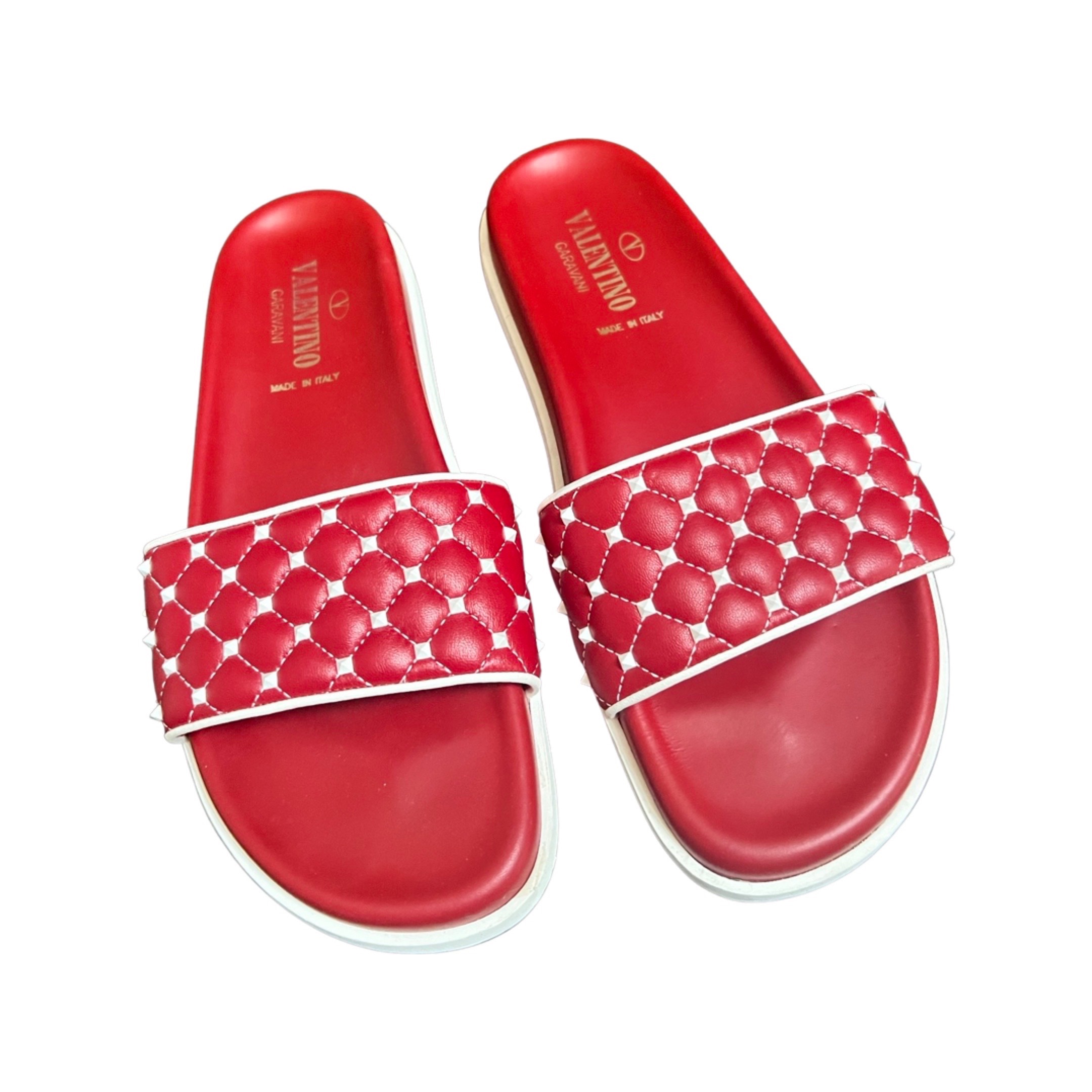 Preowned Valentino Free Rockstud Spike Pool Slides Size 385 Red/White leather