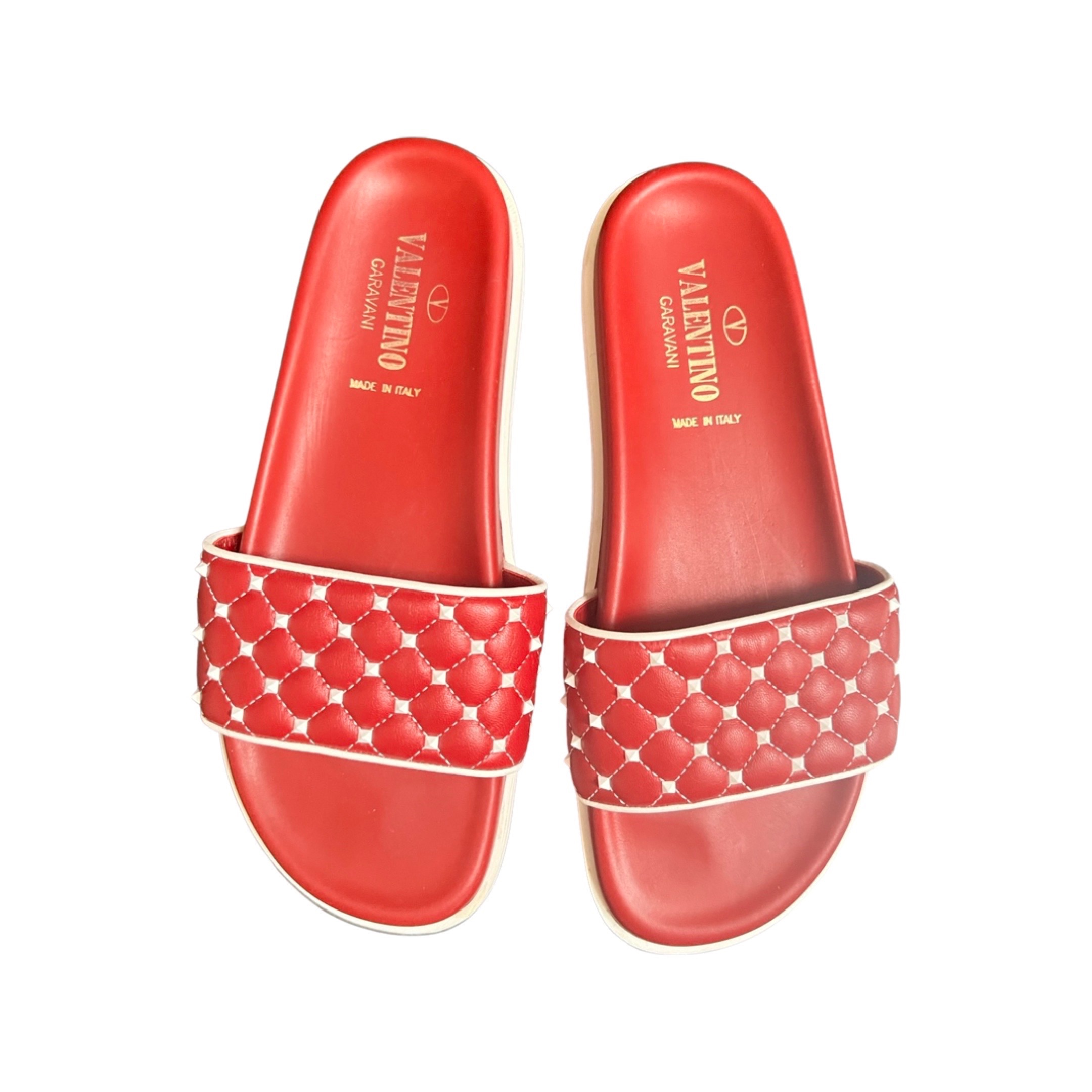 Preowned Valentino Free Rockstud Spike Pool Slides Size 385 Red/White leather