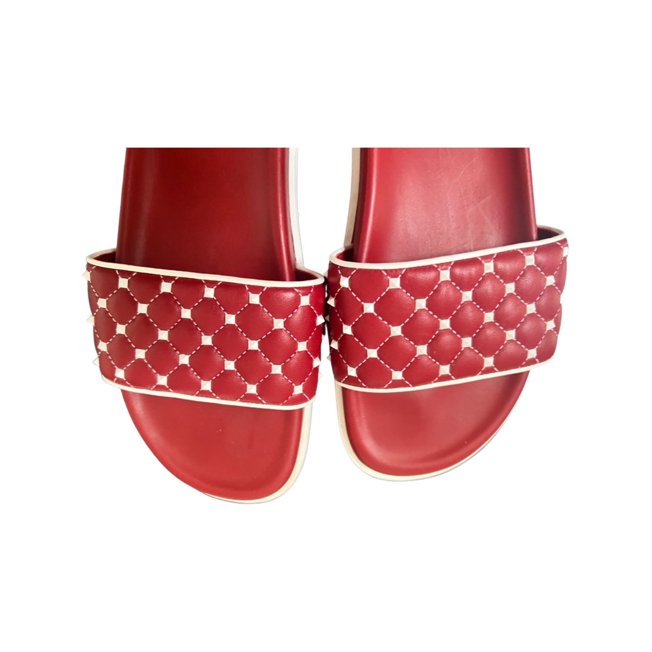 Preowned Valentino Free Rockstud Spike Pool Slides Size 385 Red/White leather