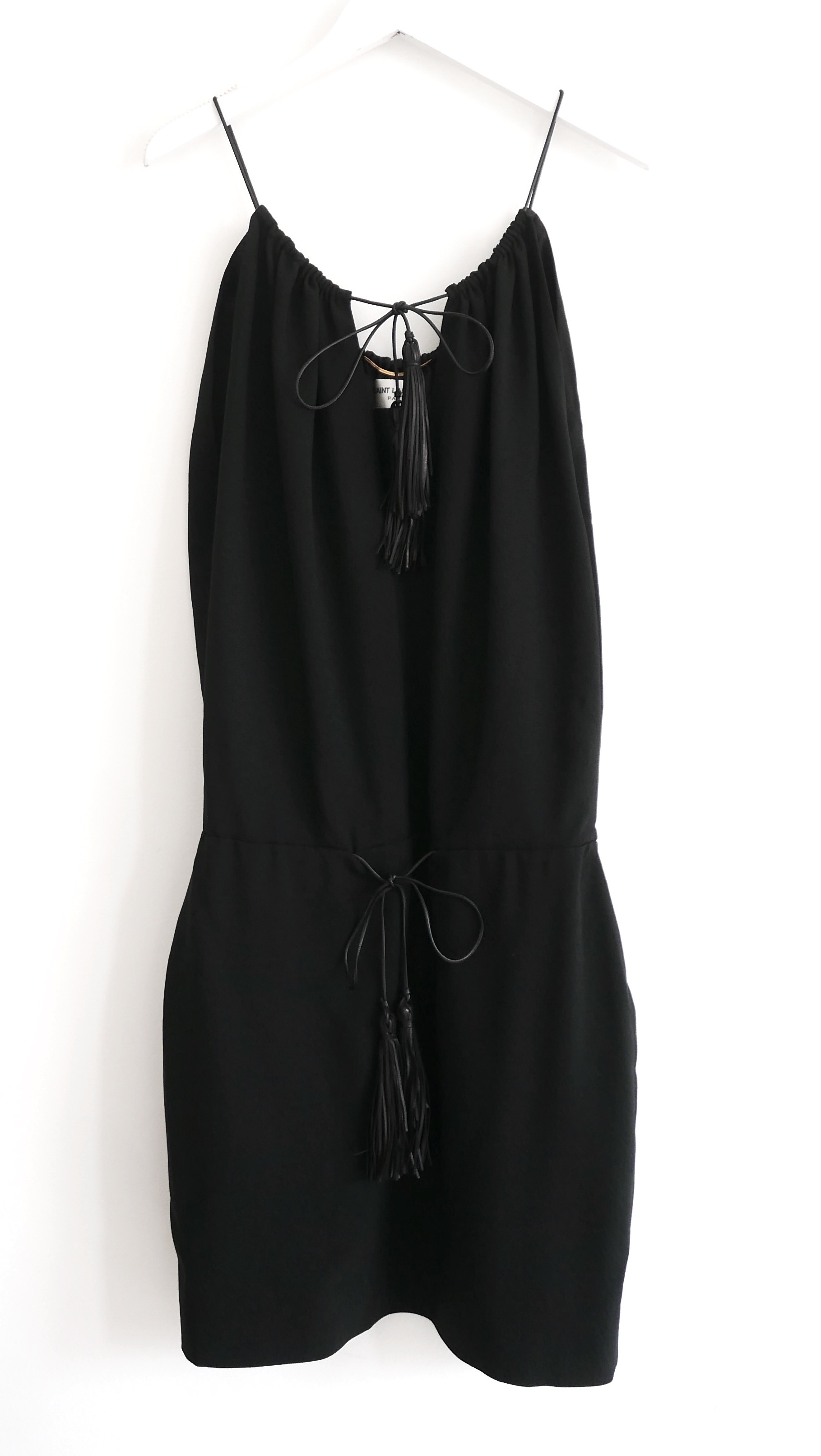 Saint Laurent Sleeveless Fringe Tassel Mini Dress Size XS Black crepe