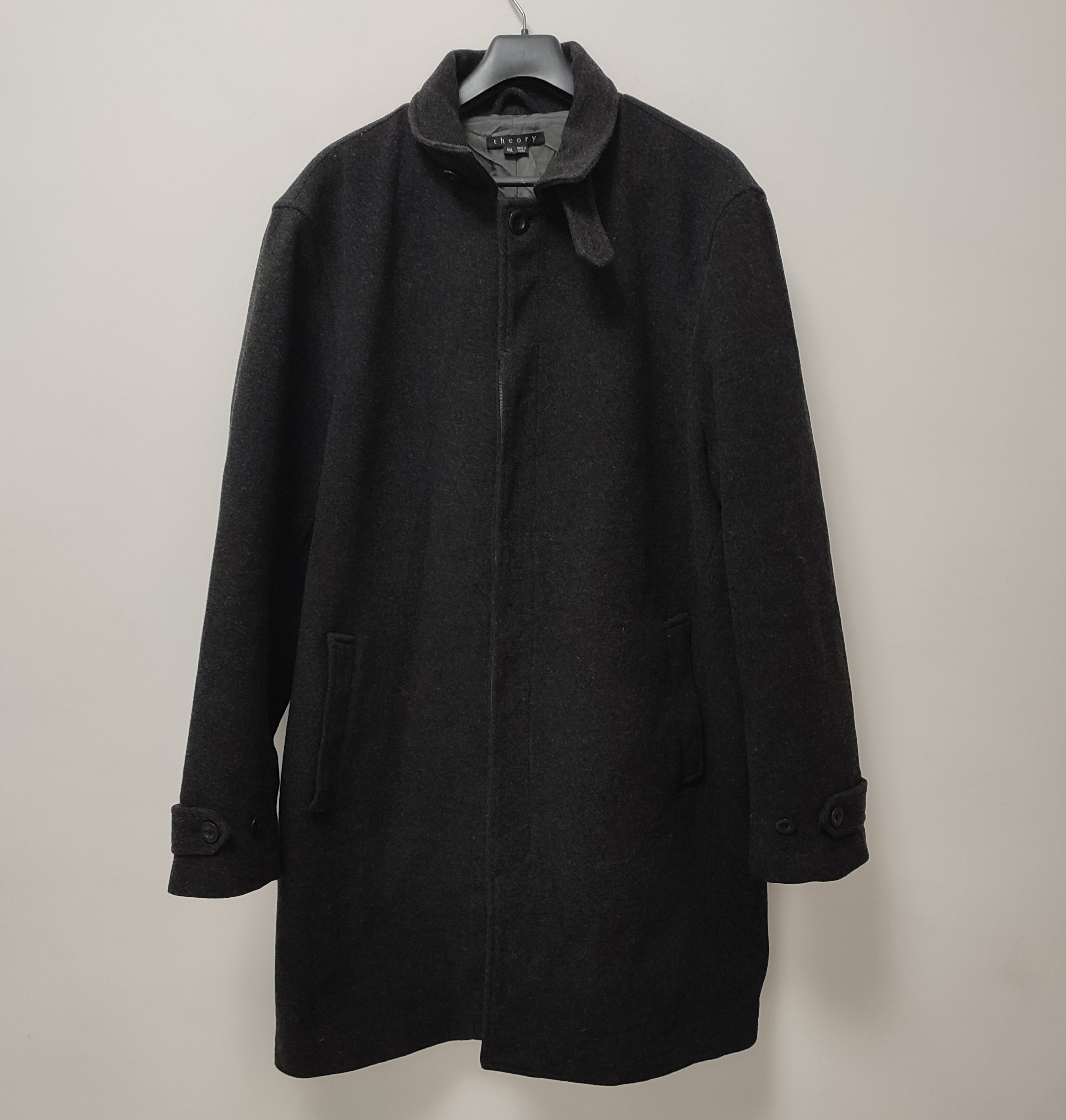 Men's Preowned Theory Wool Blend Dark Grey Long Coat Size XXL