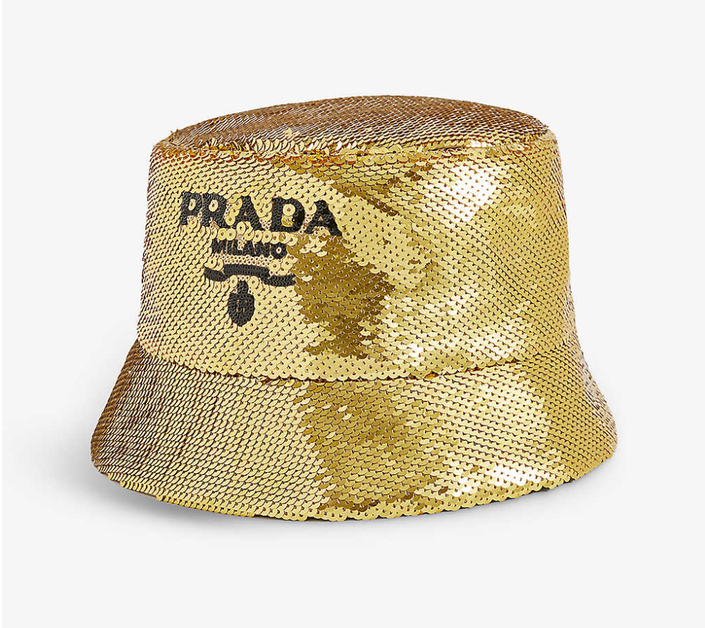 Prada Gold Sequinned Logo Bucket Hat silk/viscose